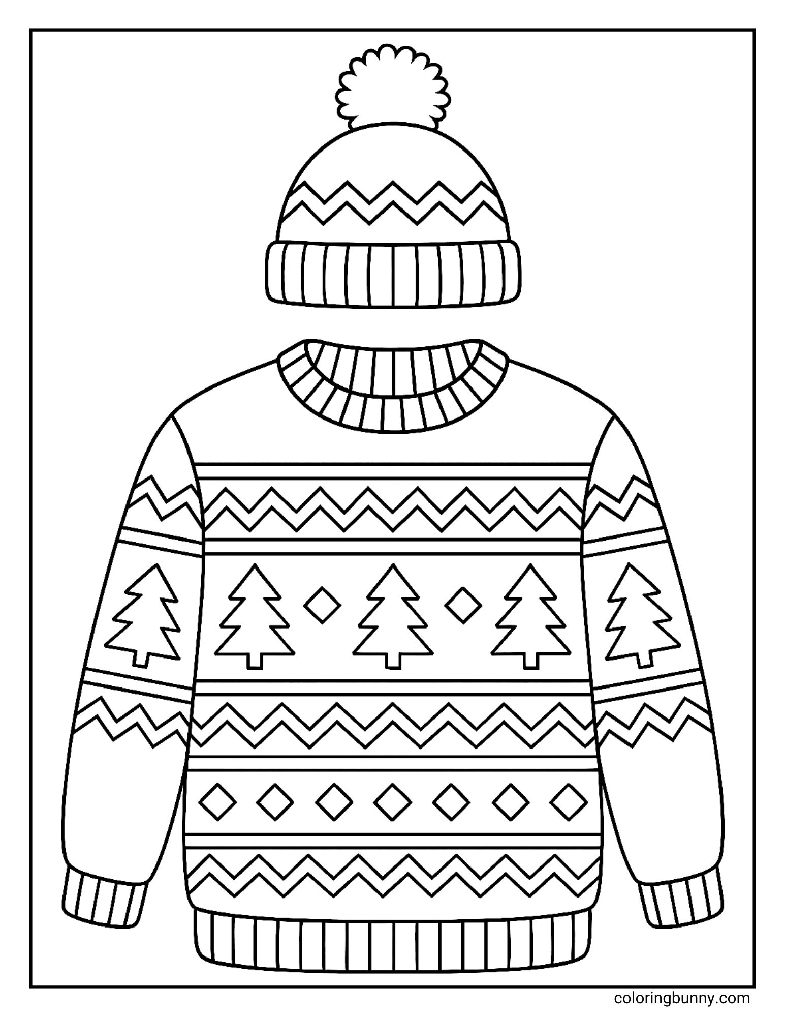 A Christmas sweater coloring page featuring a knit hat with a pom-pom positioned above a patterned winter pullover. The shirt's design includes a central row of pine trees flanked by zig-zag lines and diamond shapes.