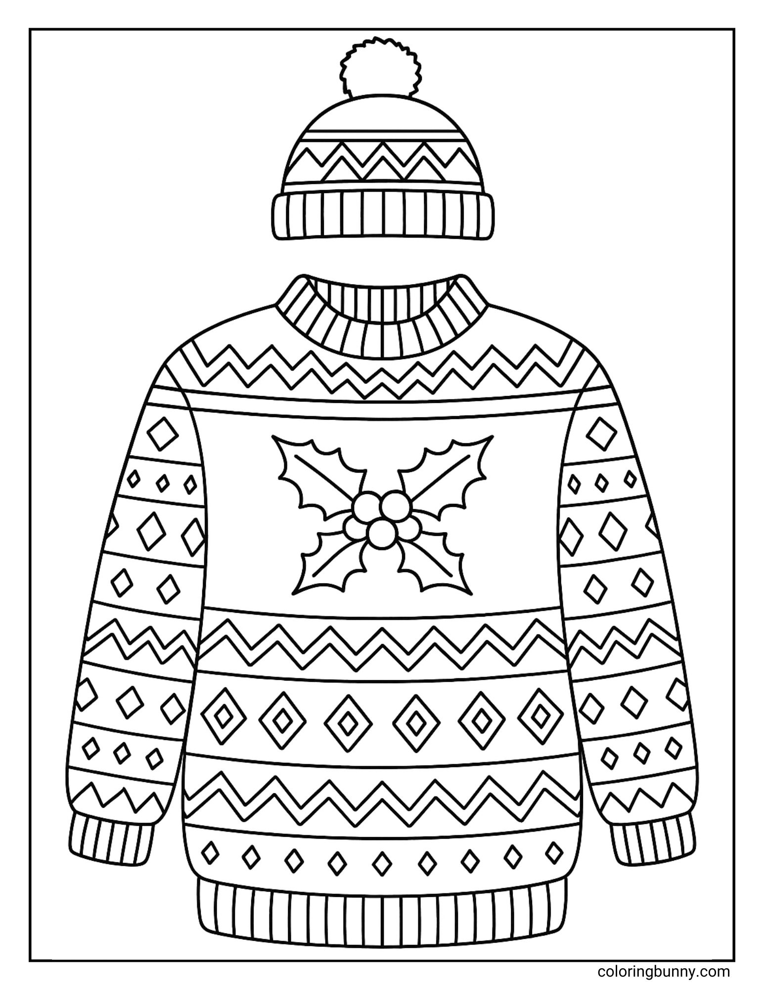 A Christmas jumper coloring page showing a knitted winter hat with a pom-pom above a matching Christmas sweater. The jumper features a large central holly design with berries, surrounded by bands of zig-zag and diamond patterns.