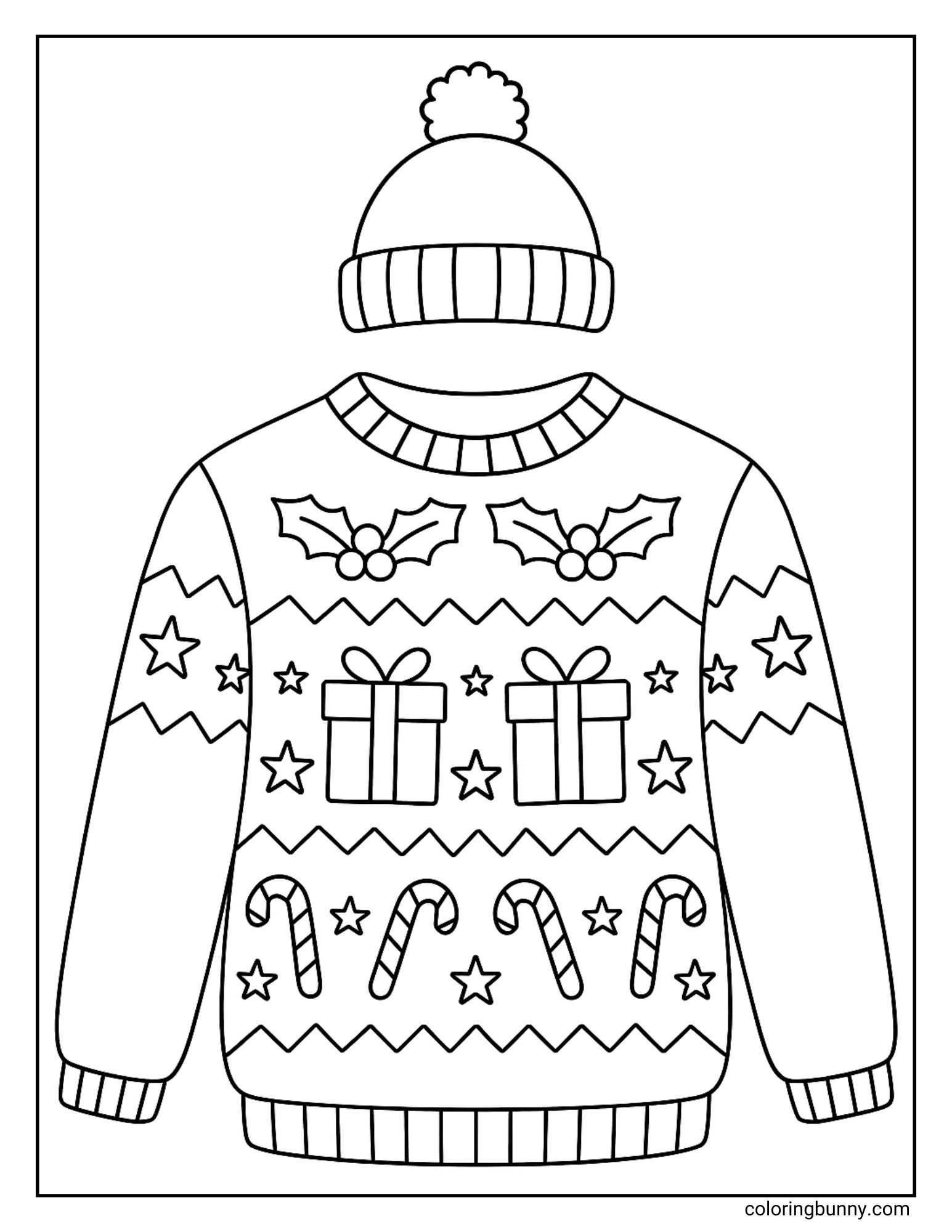 A Christmas jumper coloring page featuring a knit beanie hat positioned above a festive pullover. The shirt's design includes rows of holly berries, wrapped gifts surrounded by stars, and a bottom row of striped candy canes.