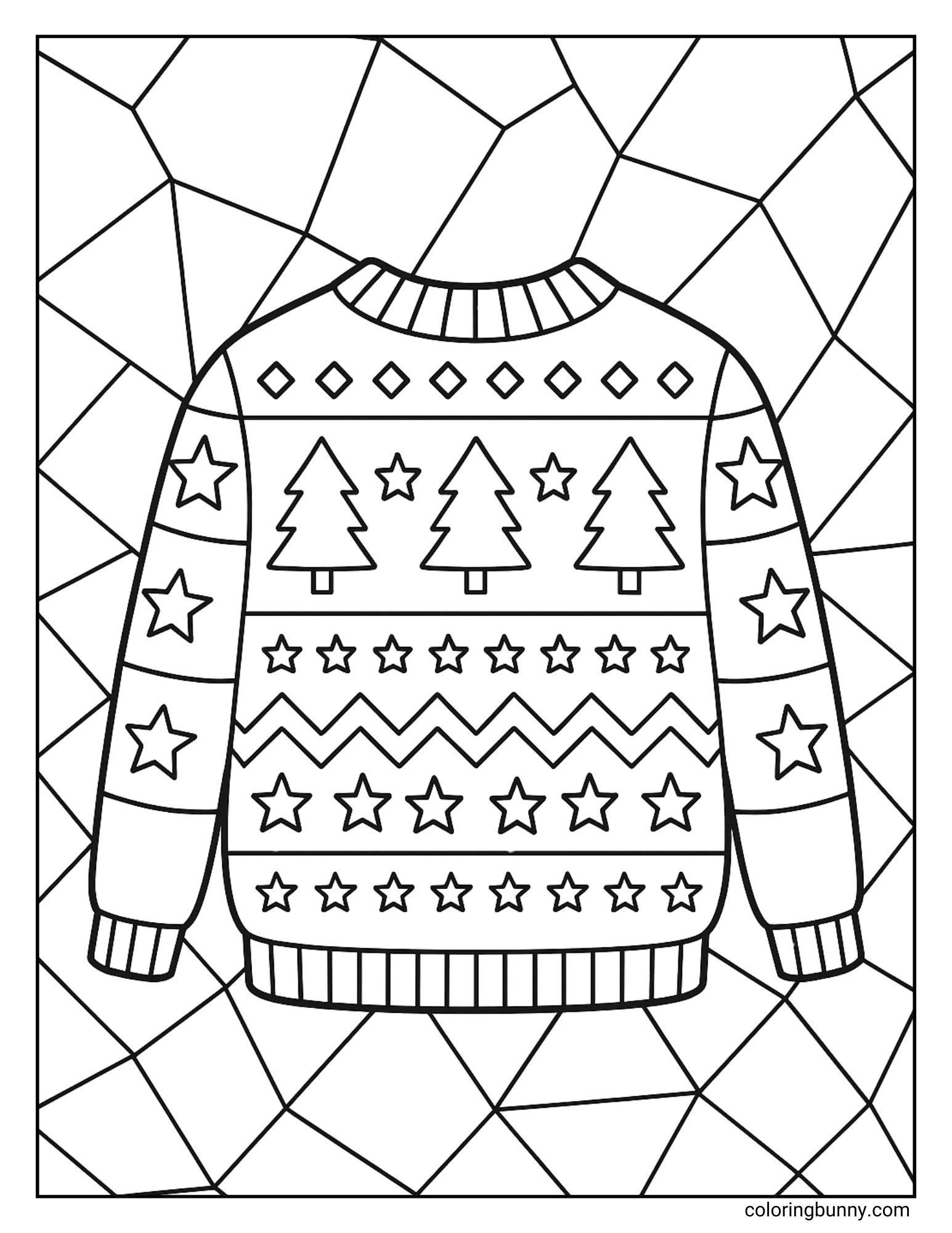 An ugly jumper coloring page featuring a patterned holiday jumper set against a geometric mosaic background. The shirt's design includes rows of pine trees, diamonds, zig-zag lines, and numerous stars on the body and sleeves.