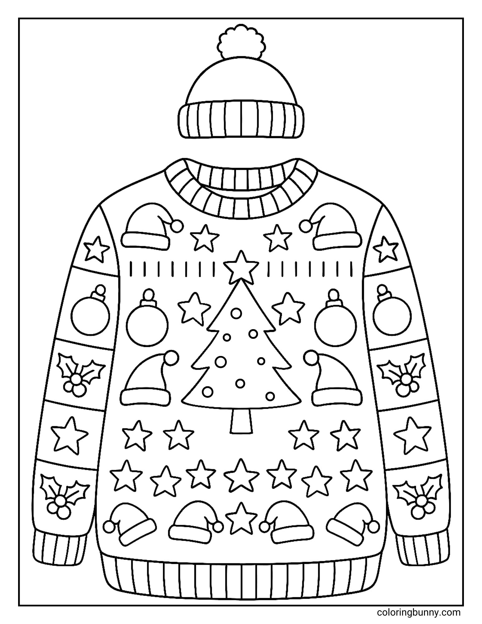 A coloring page featuring a patterned Christmas sweater and a matching beanie hat. The sweater is decorated with a central Christmas tree surrounded by Santa hats, stars, baubles, and holly leaves.