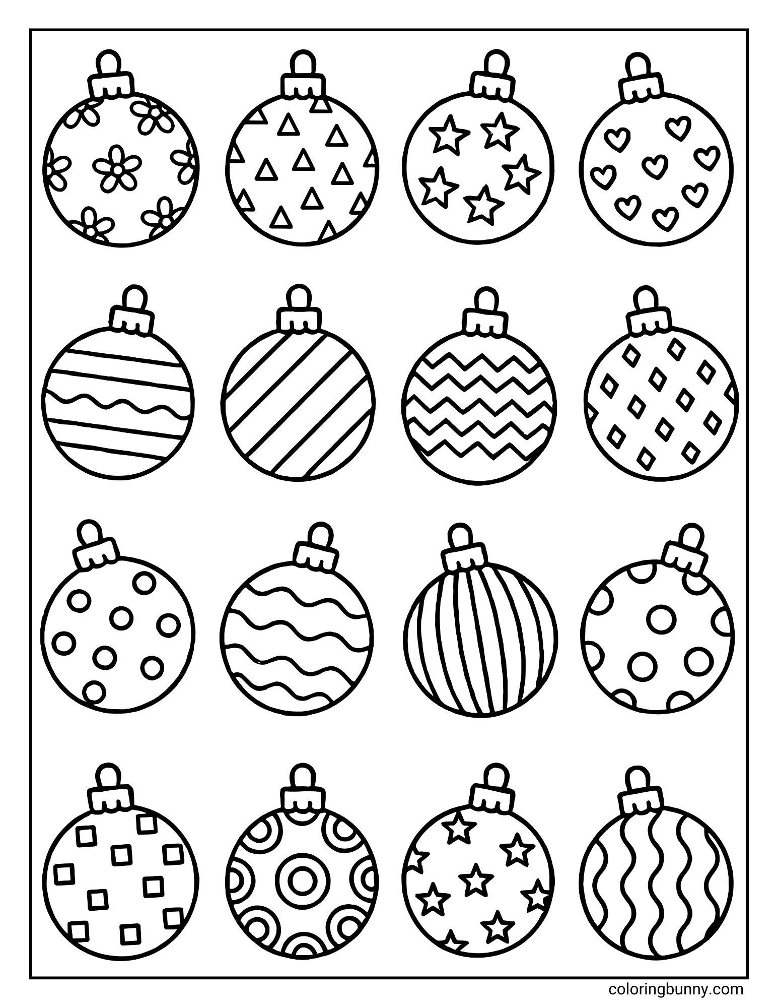 A Christmas coloring page displaying a grid of sixteen round baubles. Each ornament features a unique design, including hearts, stars, stripes, polka dots, zigzags, and flowers.