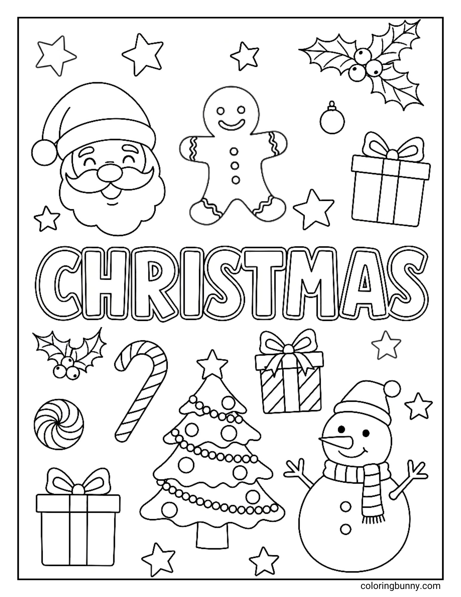 A black and white Christmas coloring page with the word "CHRISTMAS" in the center, surrounded by festive doodles. The doodles include Santa's face, a gingerbread man, a snowman, a Christmas tree, presents, holly, and a candy cane.
