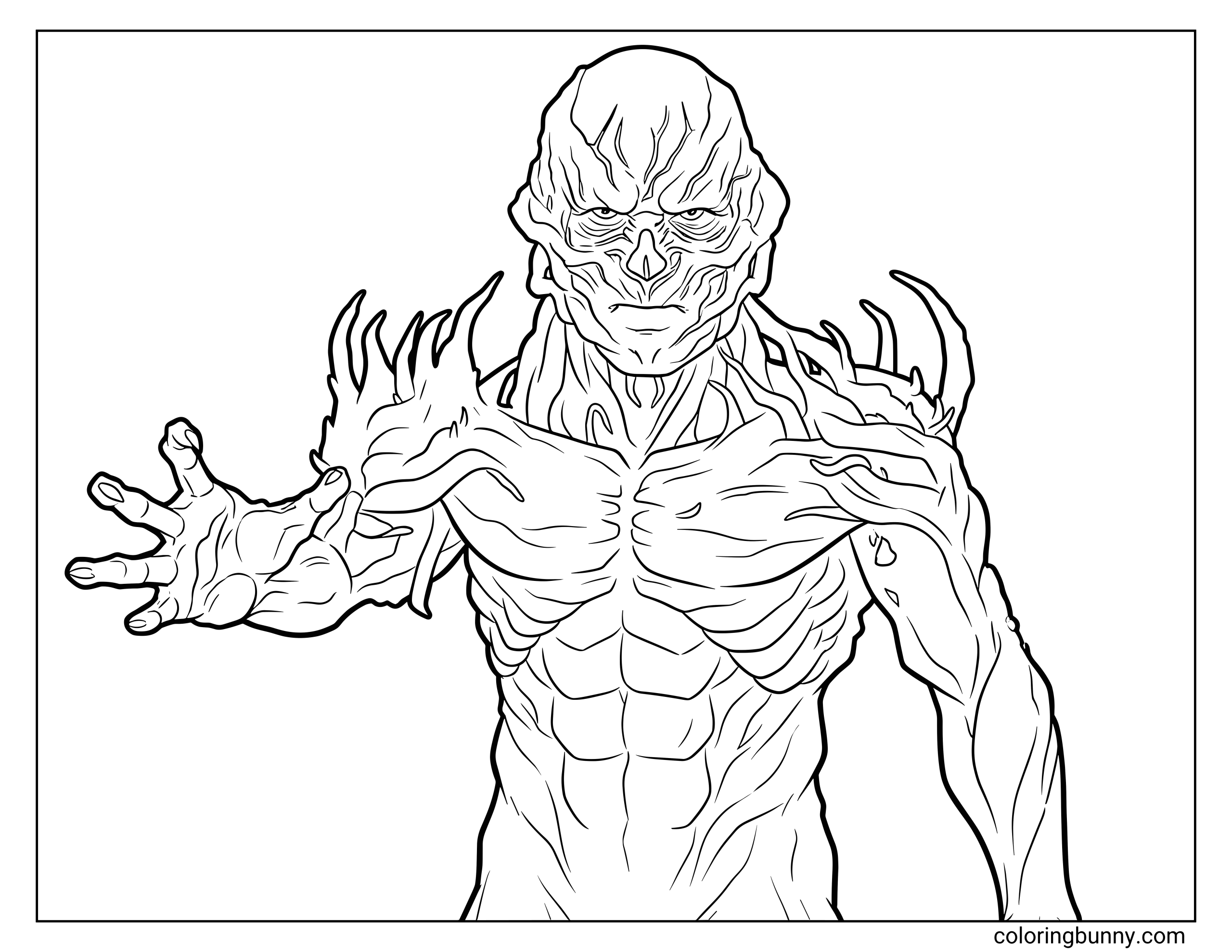 A Stranger Things coloring page of Vecna standing with an outstretched hand, showing his twisted, vine-covered body and skeletal, menacing face.