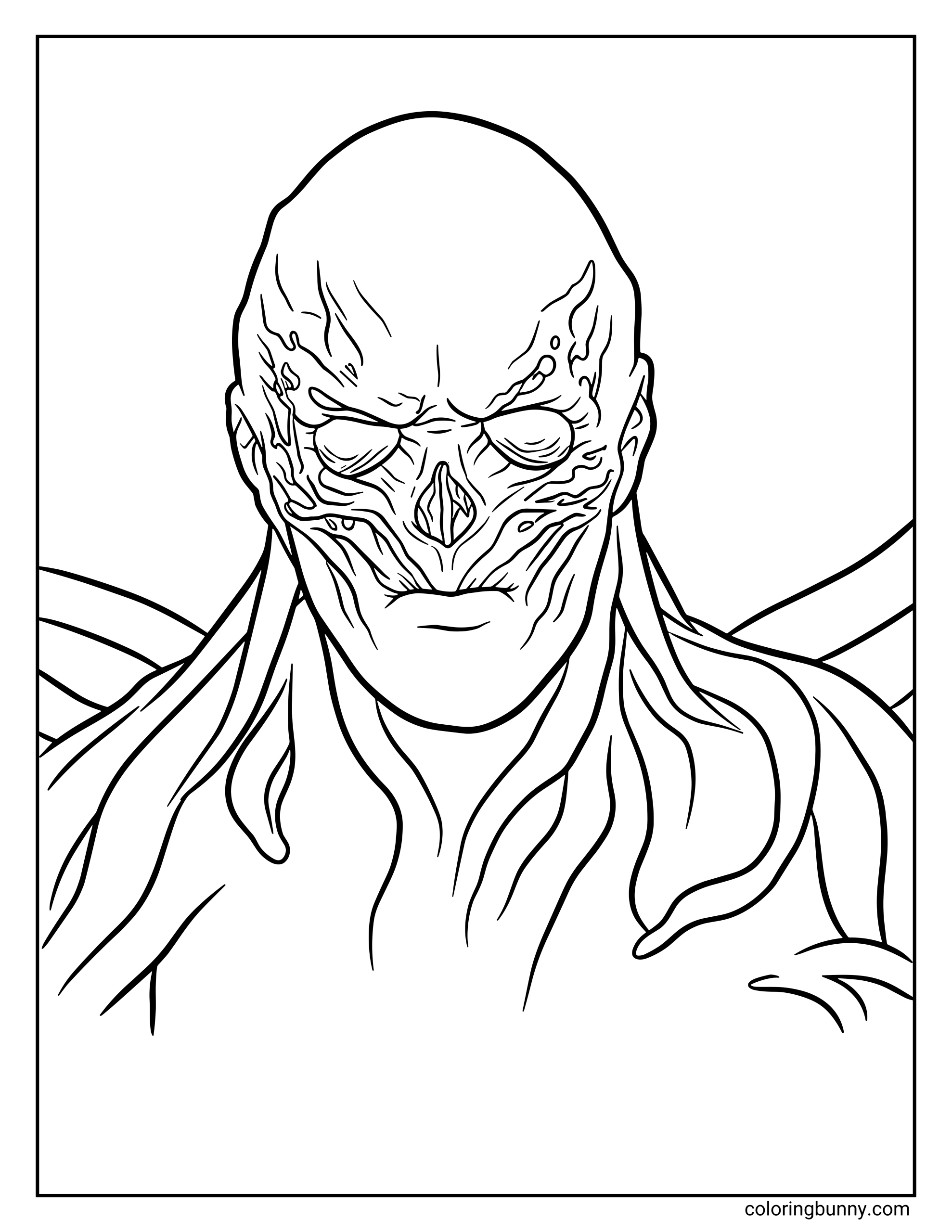 A Stranger Things coloring page of Vecna, showing his vine-covered body, hollow eyes, and sinister expression.