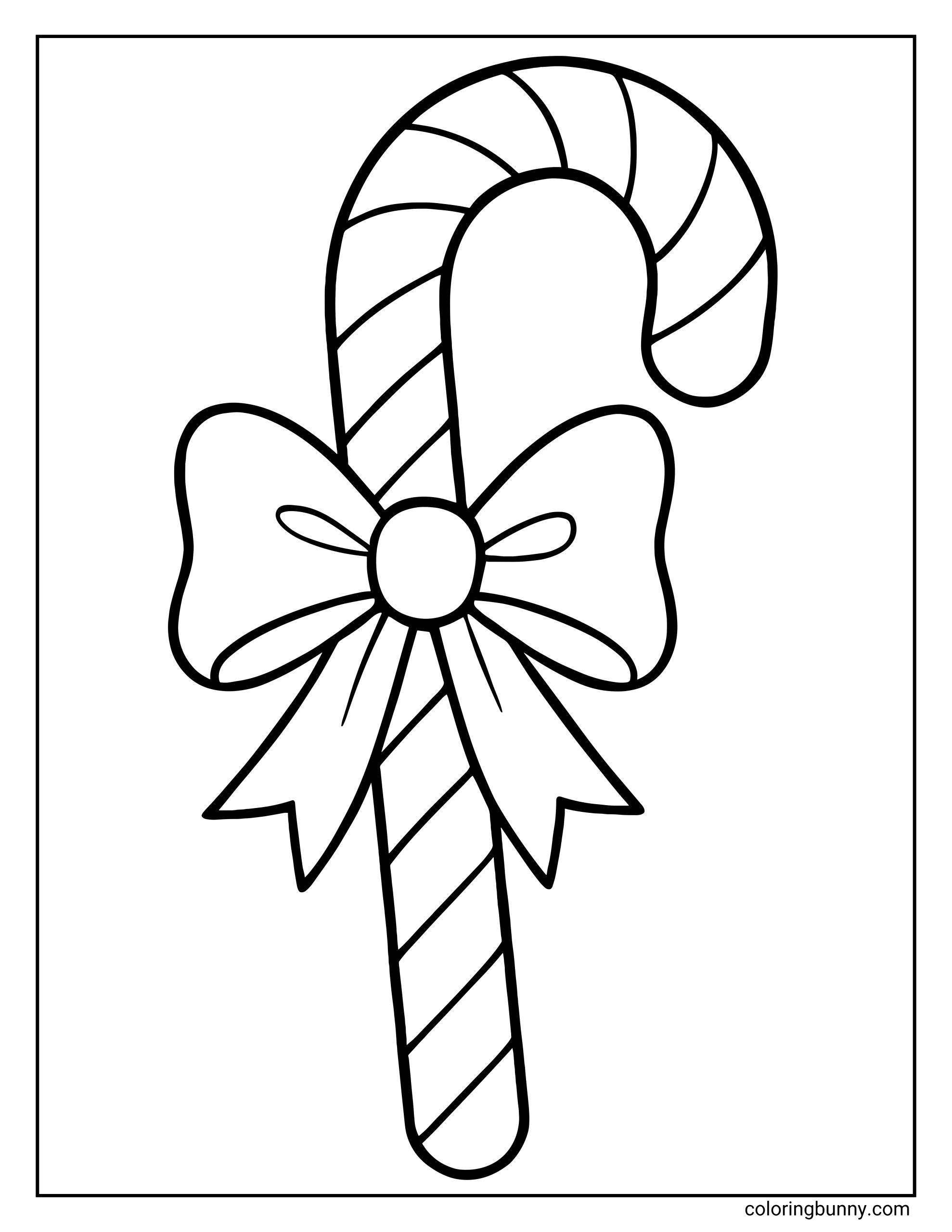 A Christmas coloring page featuring a large, striped candy cane with a ribbon bow tied around the center. The image has thick outlines suitable for easy coloring.