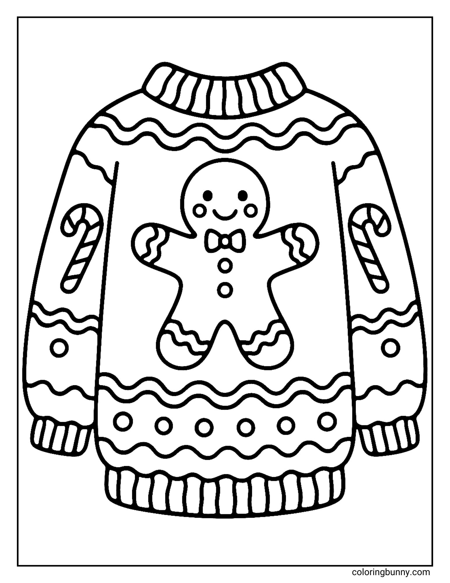 A coloring sheet displaying a thick winter jumper design. The sweater features a smiling gingerbread man with a bow tie in the center, flanked by candy canes on the sleeves, with wavy lines and dots near the hems.