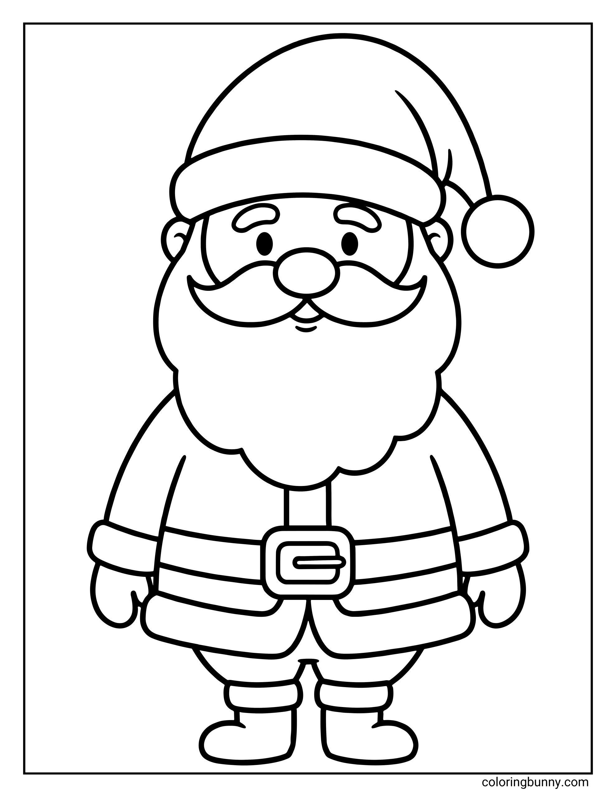 A simple Christmas coloring page showing a full-body cartoon Santa Claus standing and facing forward. He wears his traditional hat, a coat with a belt, and boots, with his arms relaxed at his sides.