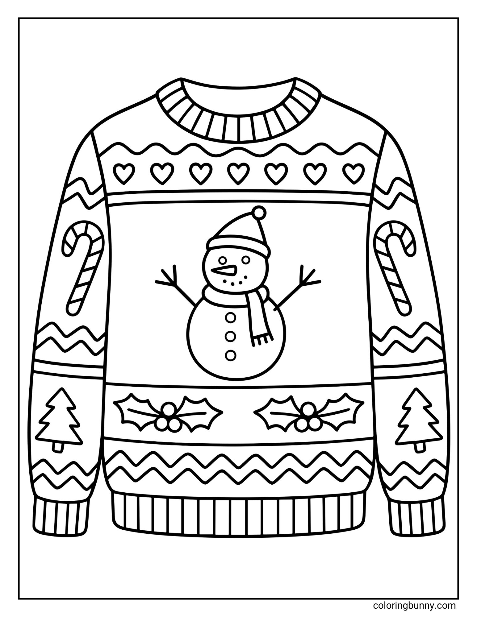 A coloring page featuring a patterned winter Christmas jumper with a central snowman wearing a hat. The design includes a row of small hearts across the chest, holly leaves near the hem, and candy canes decorating the sleeves.