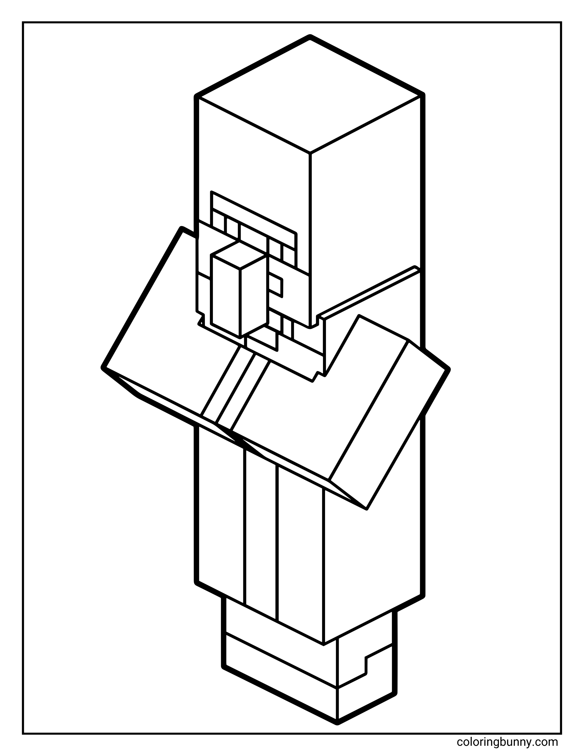A Minecraft villager coloring page featuring a classic villager with folded arms and a long robe, drawn in the game’s blocky, pixel-style design.