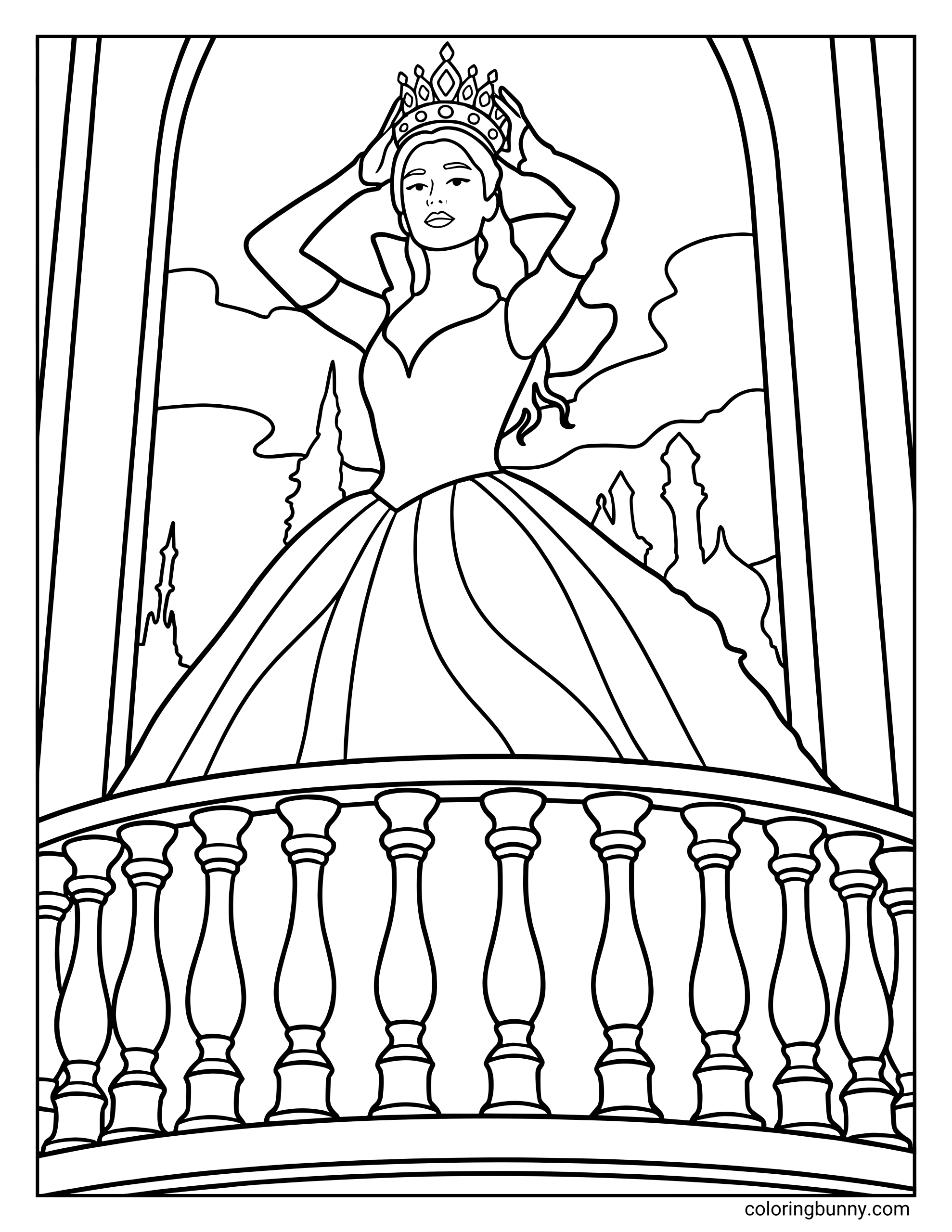 A Wicked For Good coloring page featuring Glinda standing on a balcony adjusting her ornate crown with both hands. She wears a flowing ball gown, and the arched window behind her reveals distant Emerald City towers and rolling clouds. A decorative railing fills the foreground.
