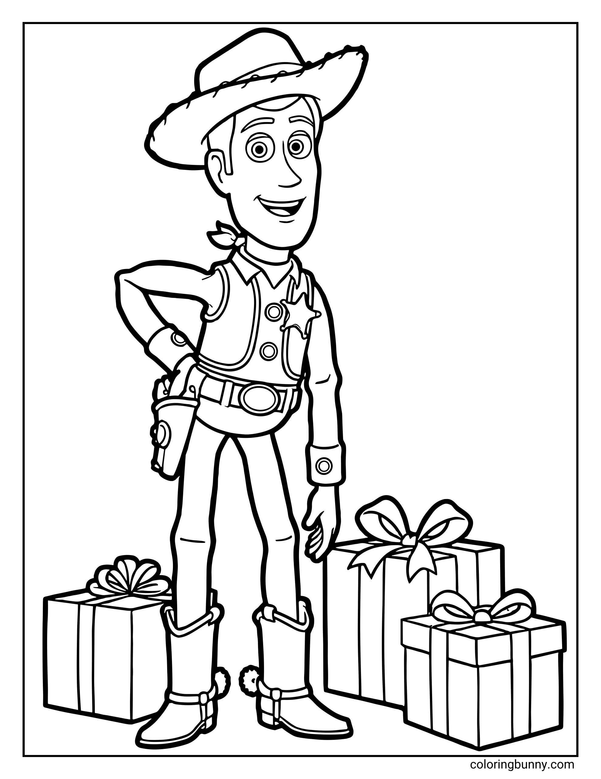 A Toy Story Disney Christmas coloring page of a Woody standing cheerfully beside a stack of wrapped presents. He wears his signature hat, vest, boots, and sheriff badge.