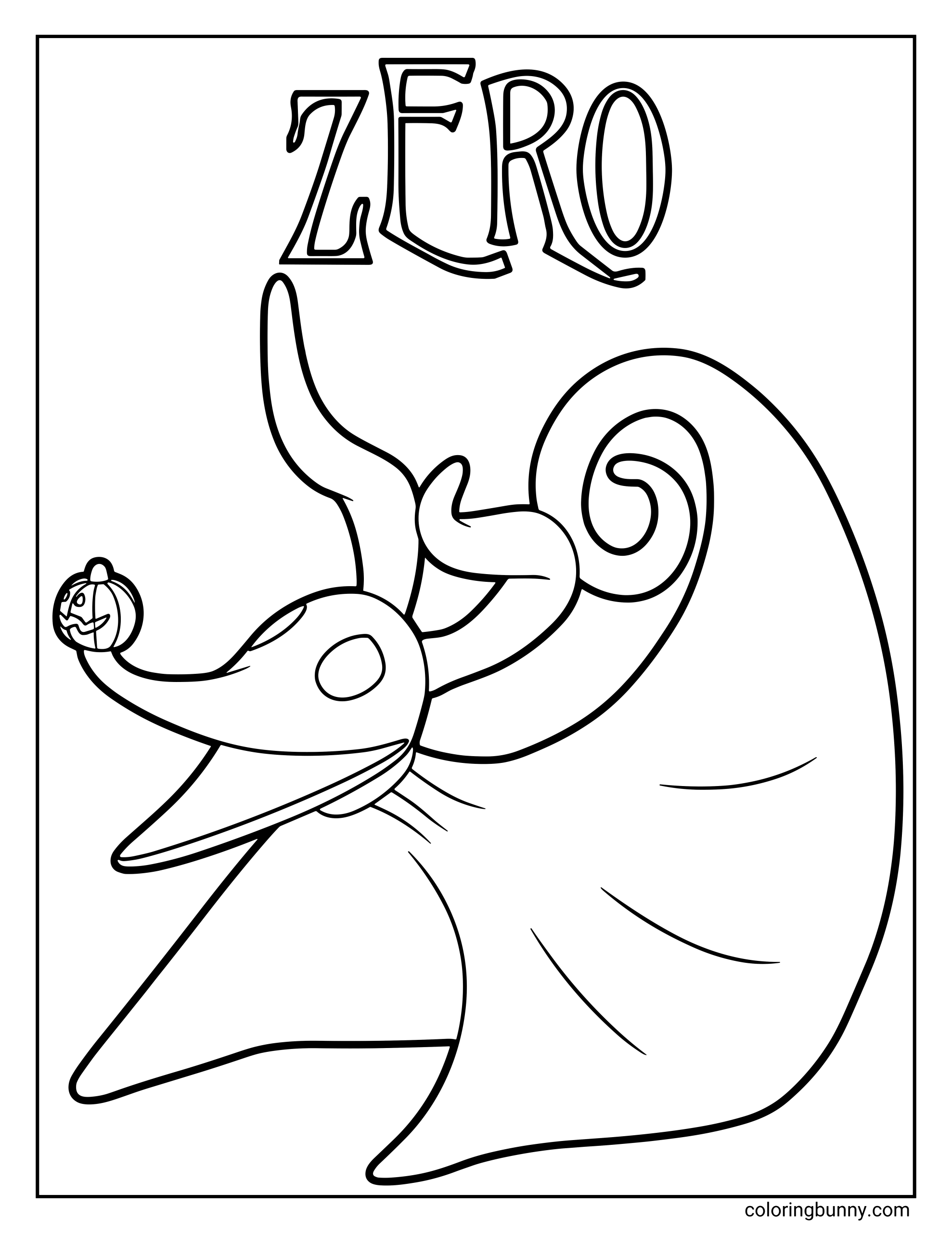 A Nightmare Before Christmas coloring page featuring Zero, the ghost dog, floating with his long, flowing sheet-like body and curled tail. He has a tiny glowing pumpkin nose and the word “ZERO” appears above him in stylized lettering.