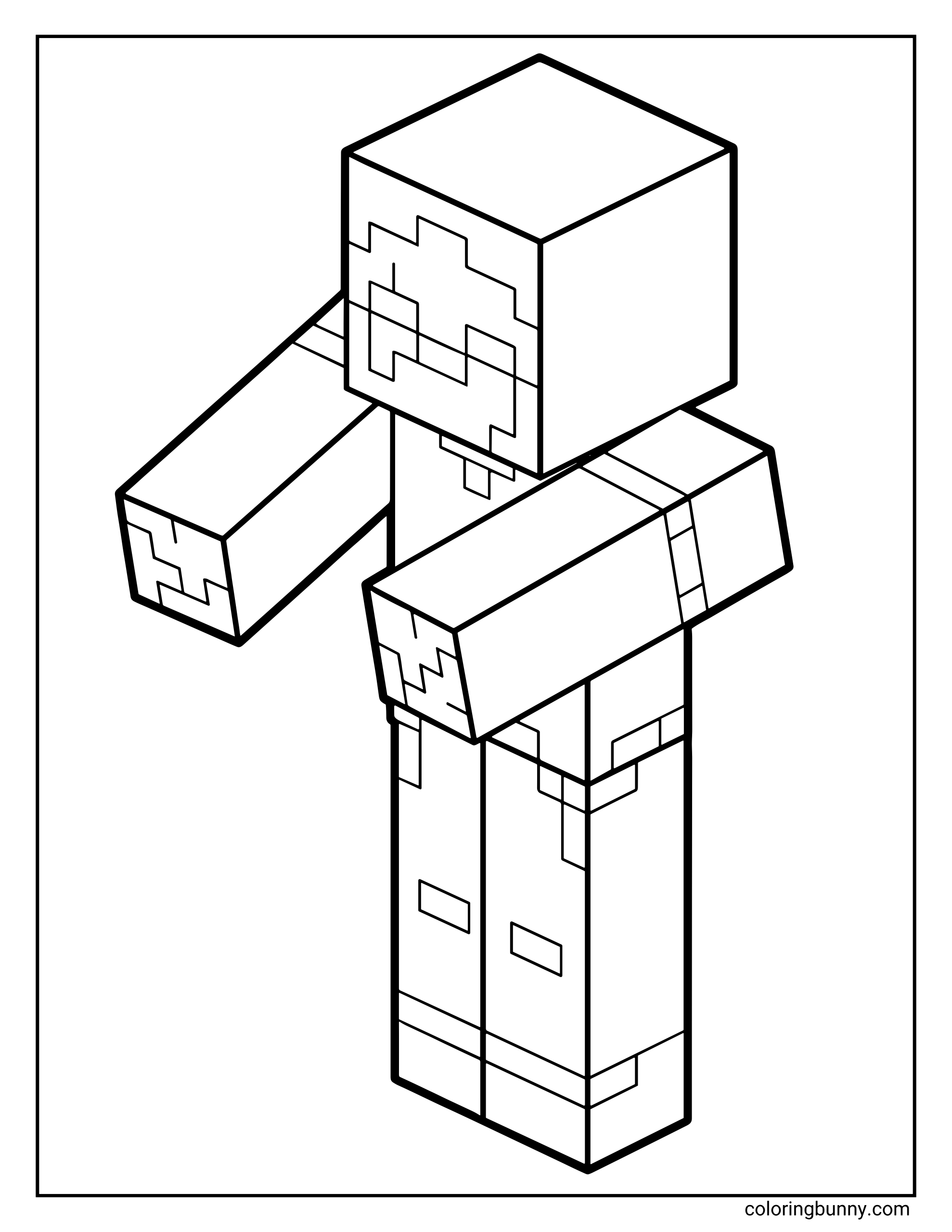 A Minecraft coloring page featuring a blocky zombie character with pixelated details on its face, arms, and clothes, drawn in the game’s signature cube style.