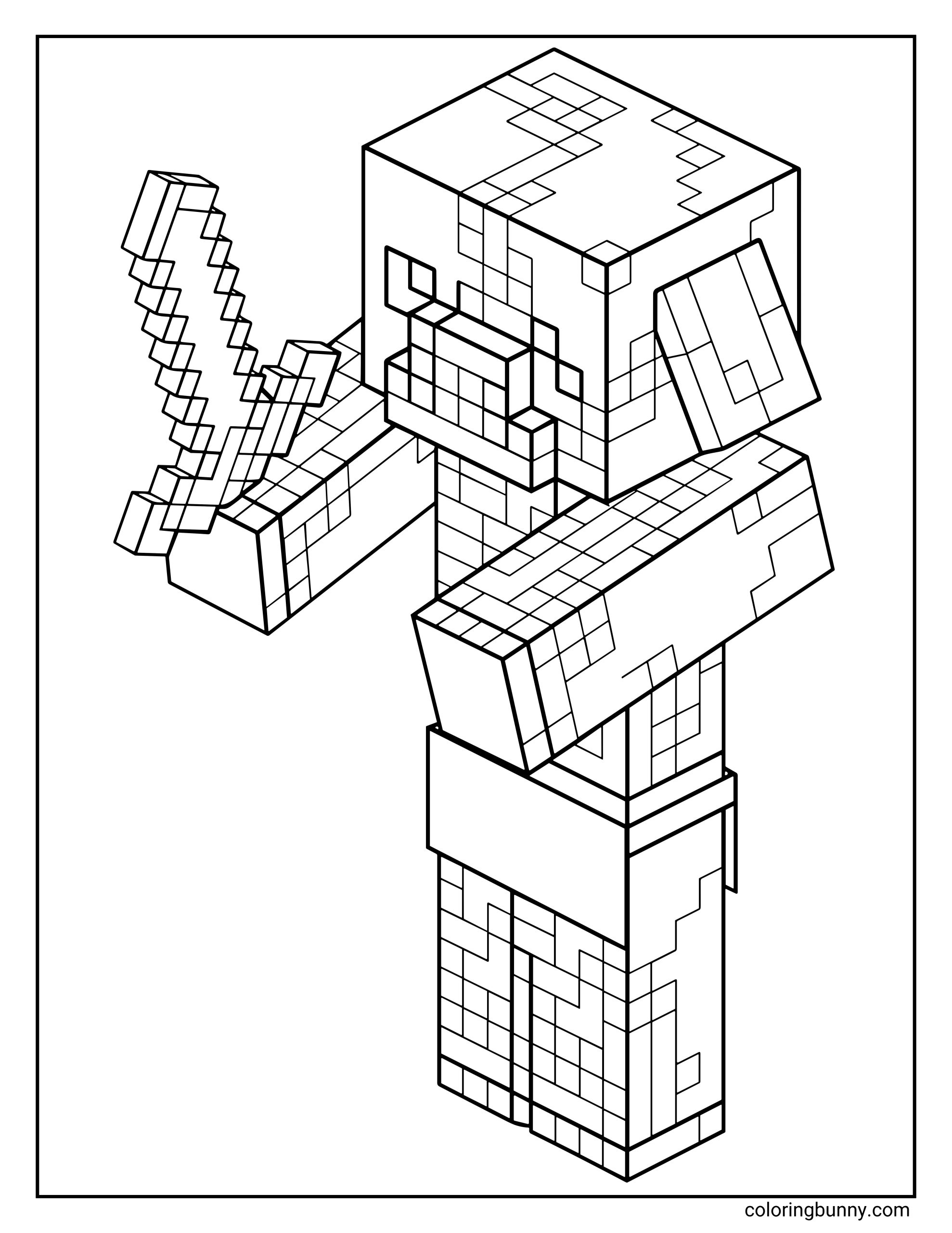 A Minecraft coloring page featuring a Zombified Piglin holding a sword, with pixelated textures across its body in the game’s classic blocky design.