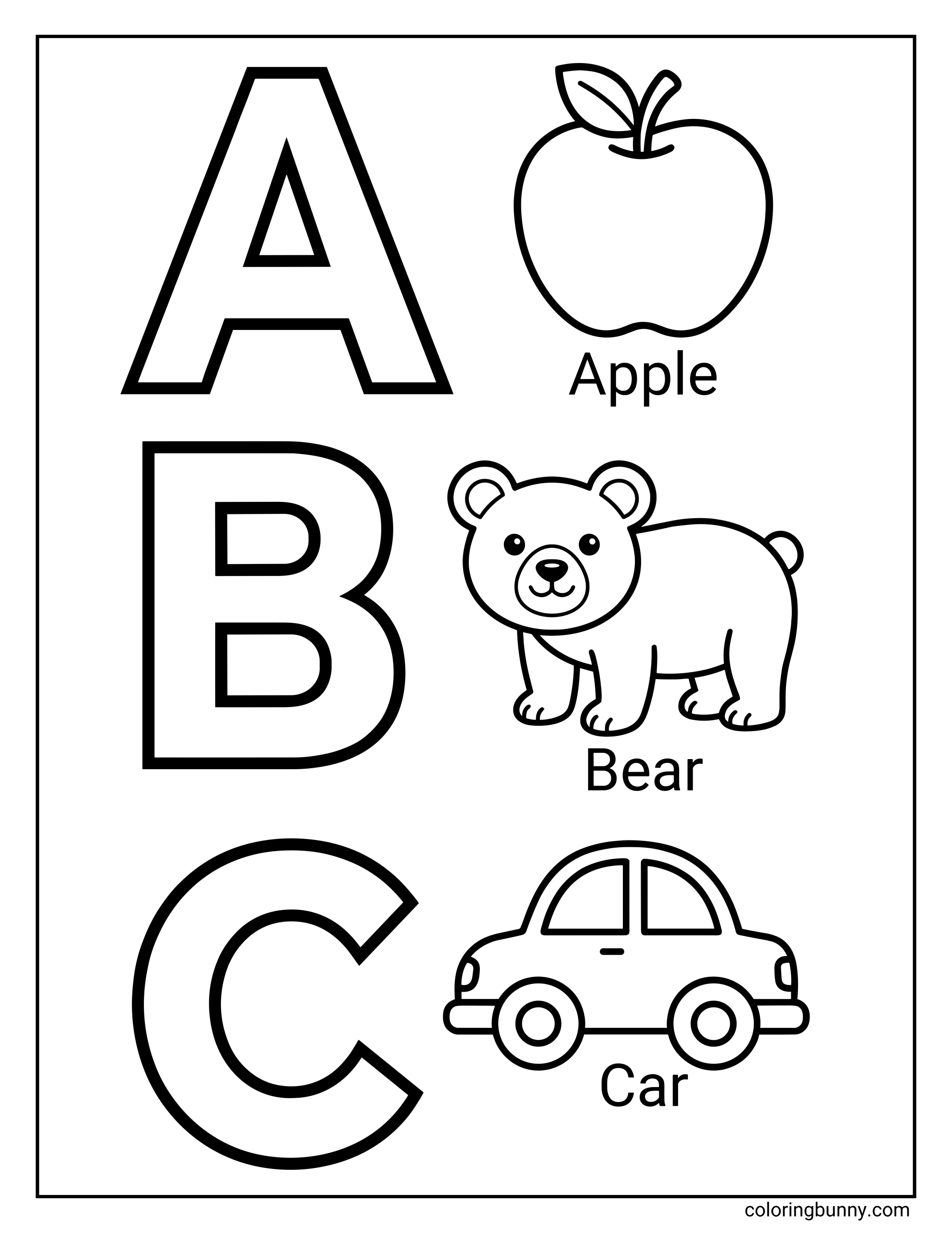 An ABC alphabet coloring page featuring the letters A, B, and C paired with simple illustrations: an apple for A, a bear for B, and a car for C, designed for early learners.