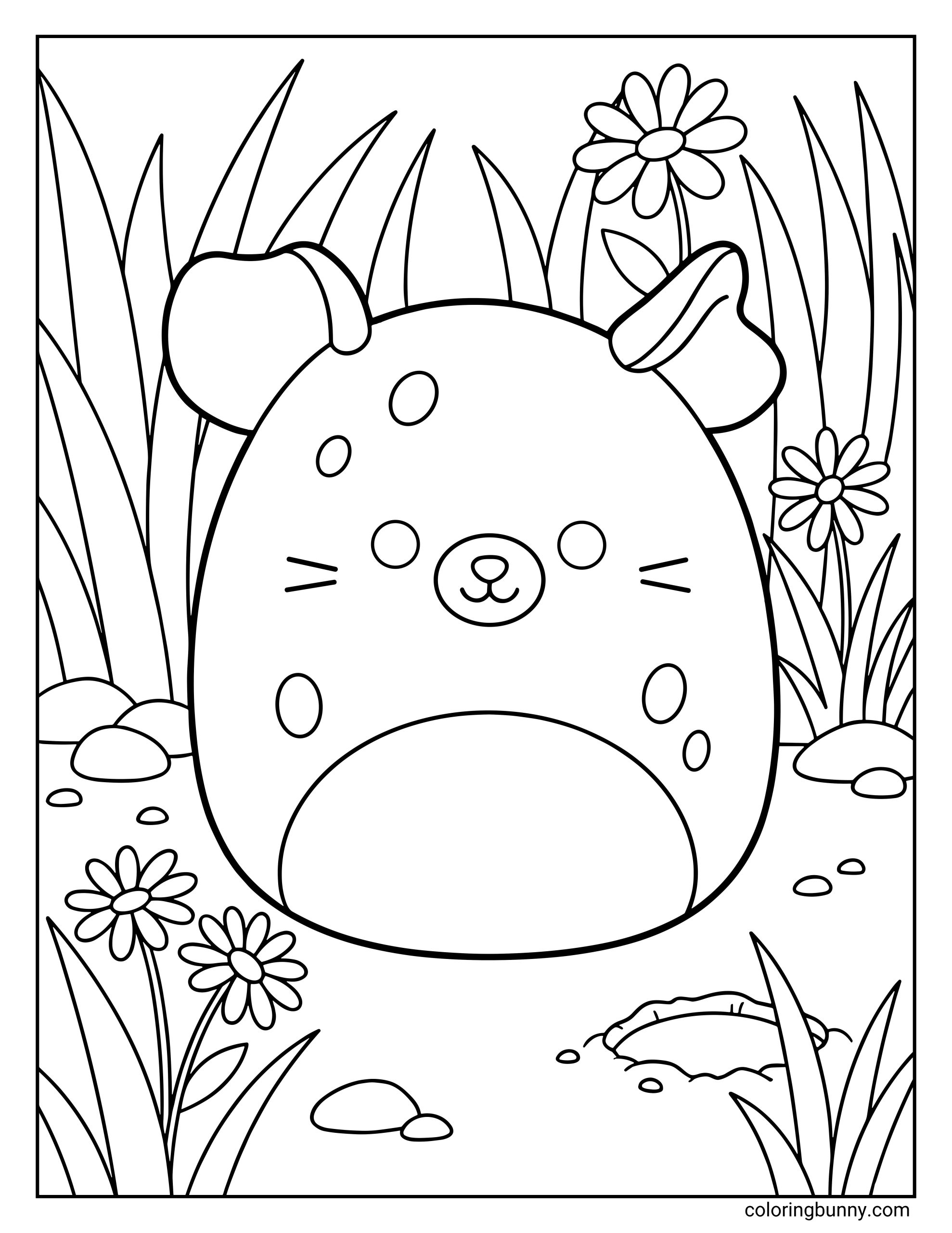 A Squishmallow coloring page of Amelia the Cheese Mouse, shown as a round, plush-style mouse with small ears, a tiny nose, whiskers, and soft circular spots on her body. She is sitting in a grassy meadow surrounded by tall blades of grass, blooming daisies, small rocks, and a shallow puddle, creating a gentle outdoor scene that frames her cozy, friendly expression.