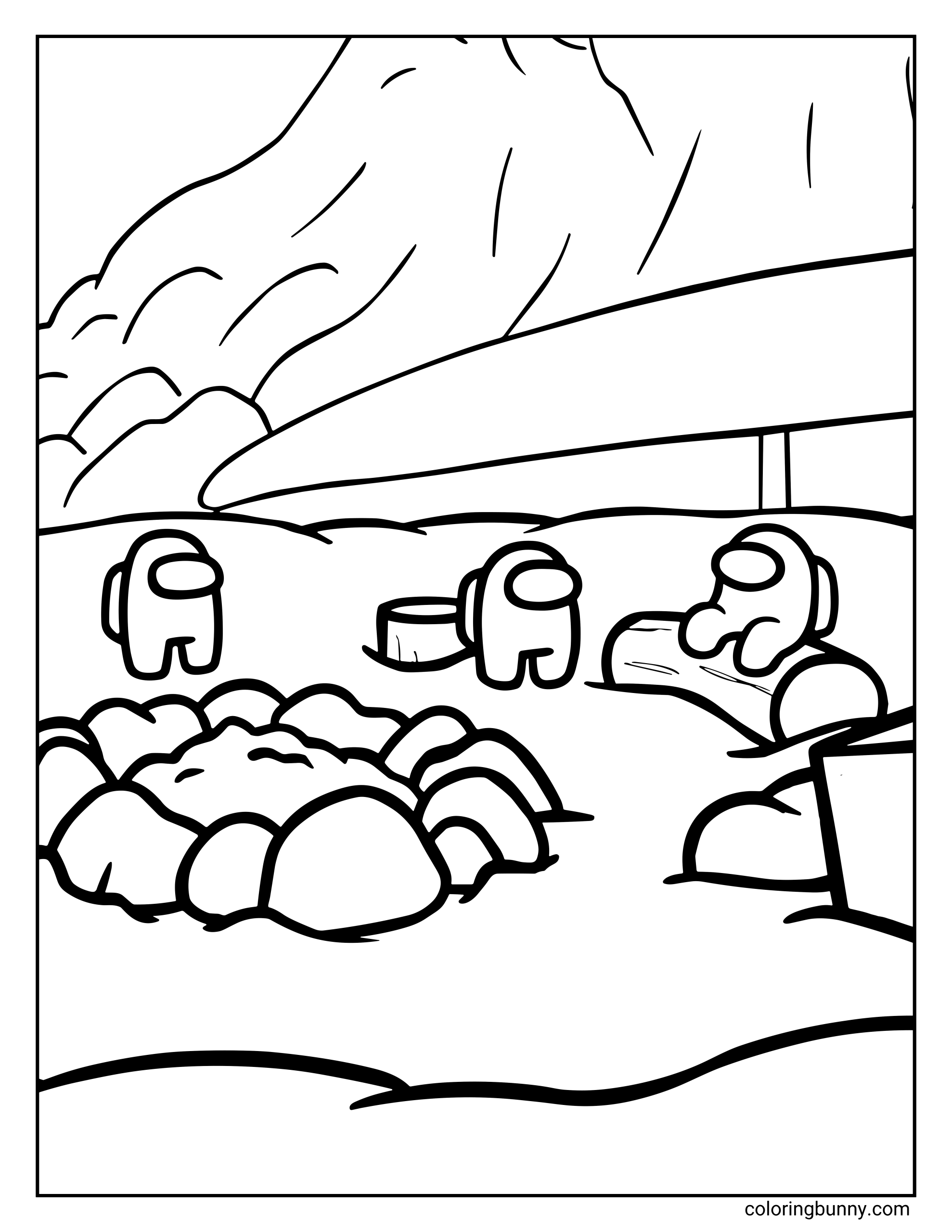 An Among Us coloring page showing several rounded crewmate characters relaxing at a sandy beach, with simple space-suited figures standing near rocks, logs, and water under a curved bridge and cloudy sky.