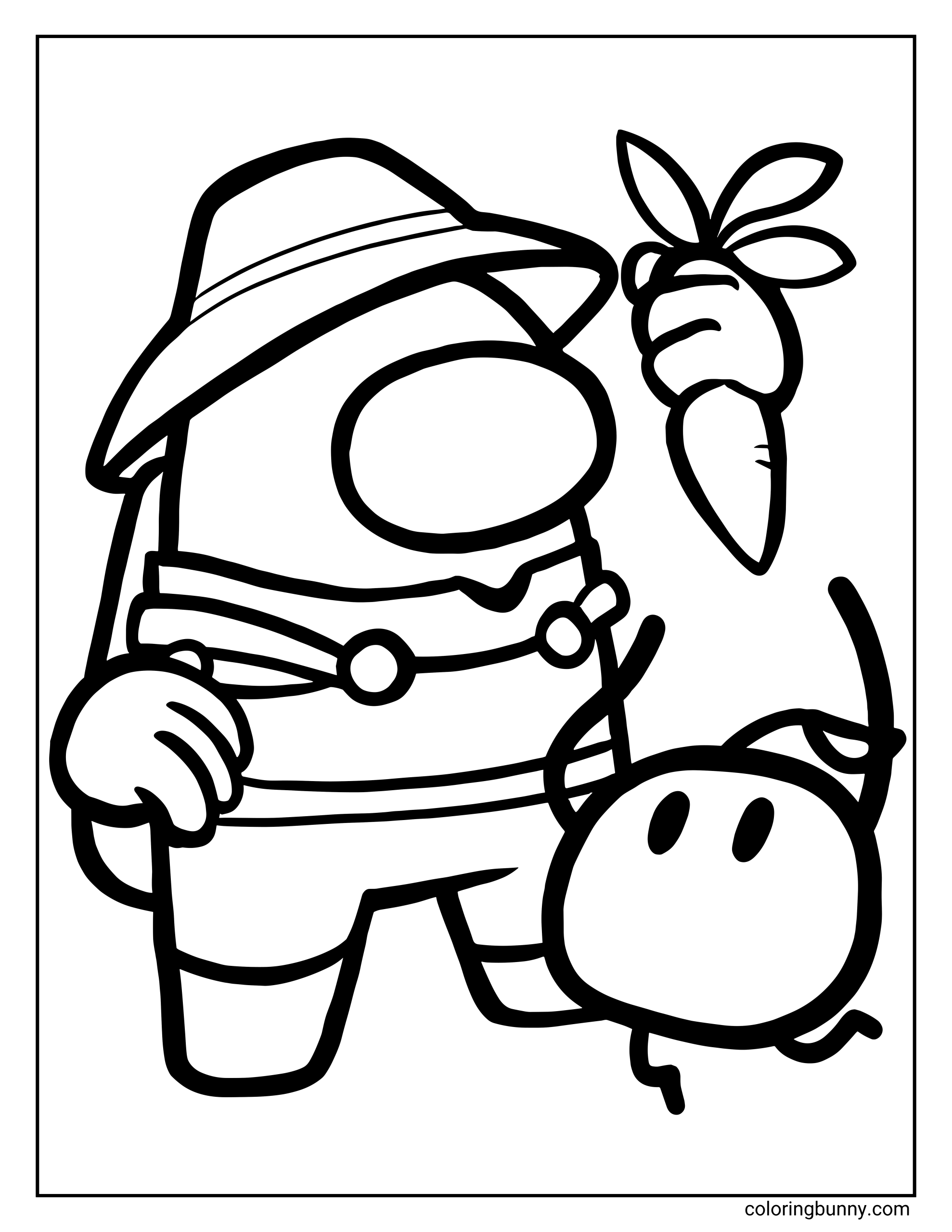 An Among Us x Stardew Valley coloring page showing a crewmate dressed as a farmer, wearing a hat and holding a carrot, with a cute round farm animal beside them.