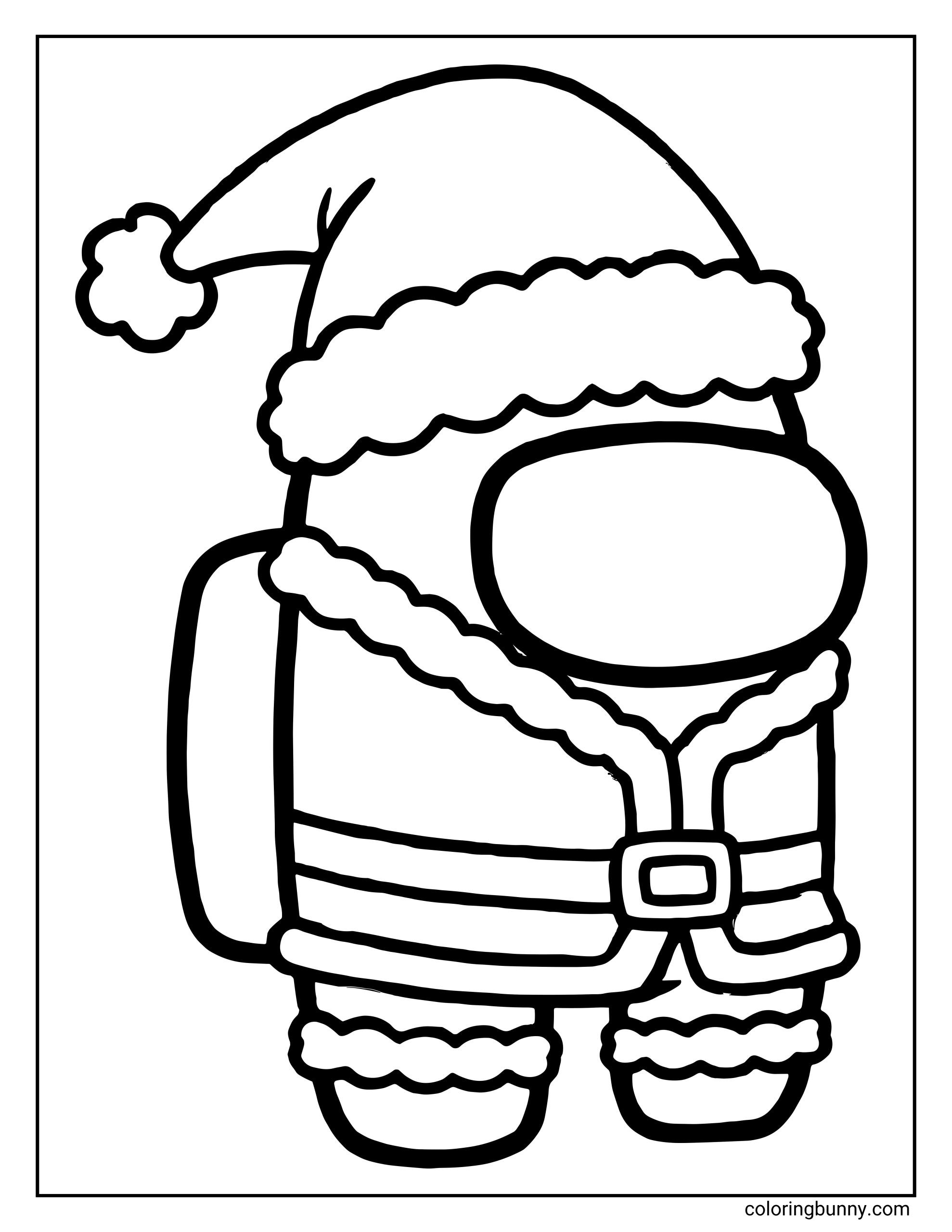 A festive Among Us Christmas coloring page showing a crewmate dressed as Santa Claus, wearing a Santa hat, fluffy-trimmed coat, belt, and boots.