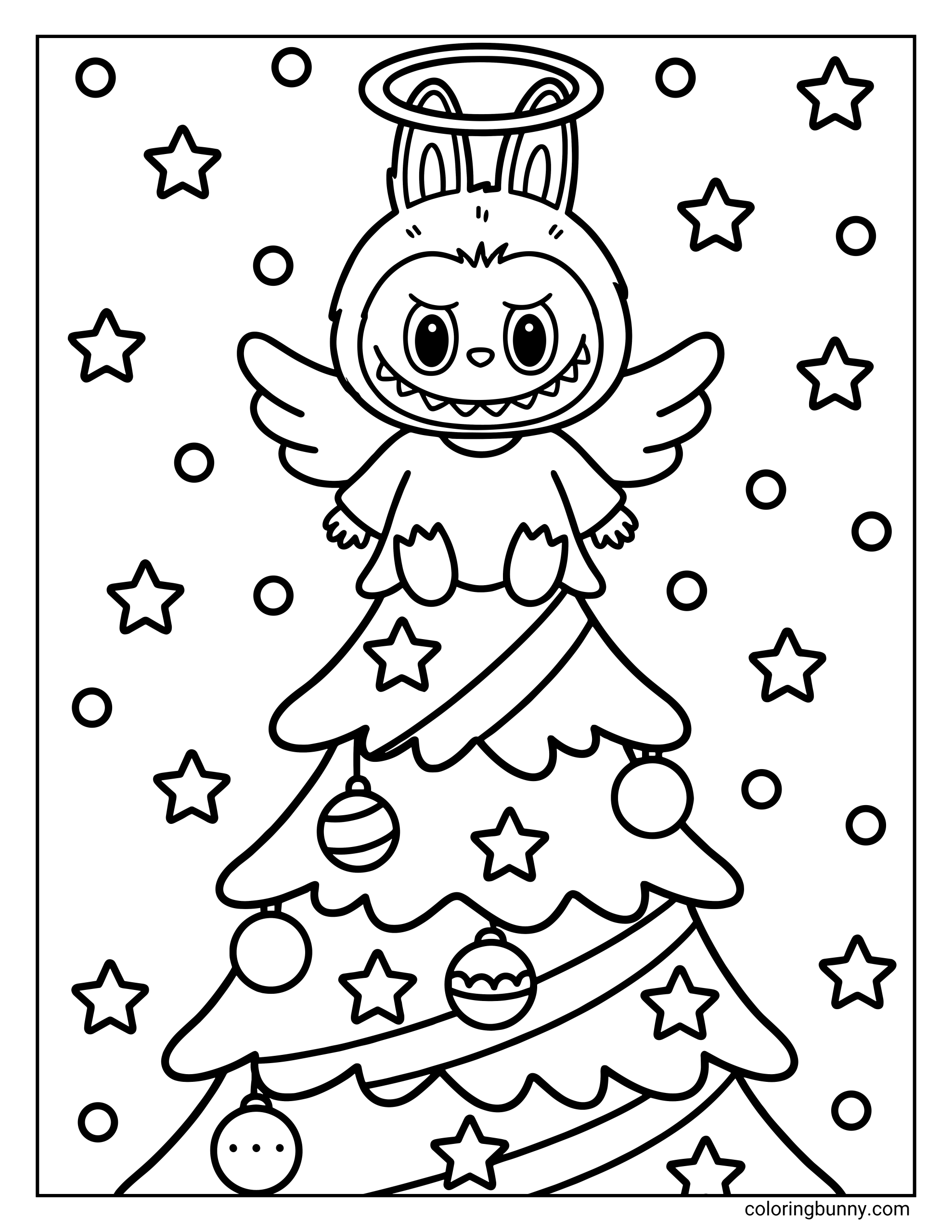 A Christmas Labubu coloring page of a Labubu dressed as an angel with wings and a halo, sitting on top of a Christmas tree decorated with ornaments and stars.