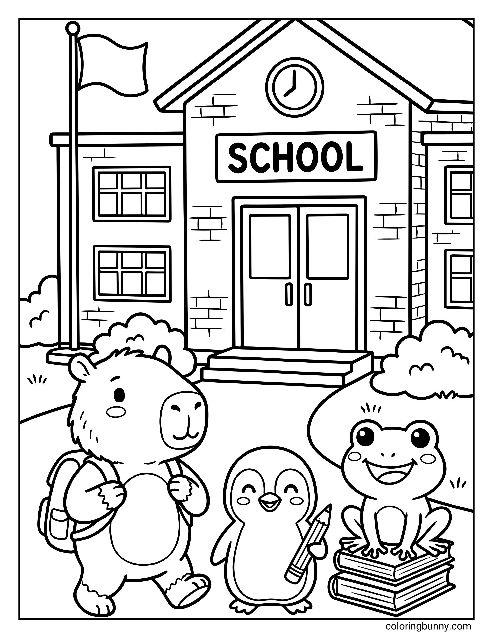 A back to school coloring page showing a school building with double doors, a clock above the entrance, and a flag outside. In the foreground, three cheerful animal friends stand together: a capybara wearing a backpack, a smiling penguin holding a pencil, and a happy frog sitting on a stack of books, creating a welcoming first-day-of-school scene.