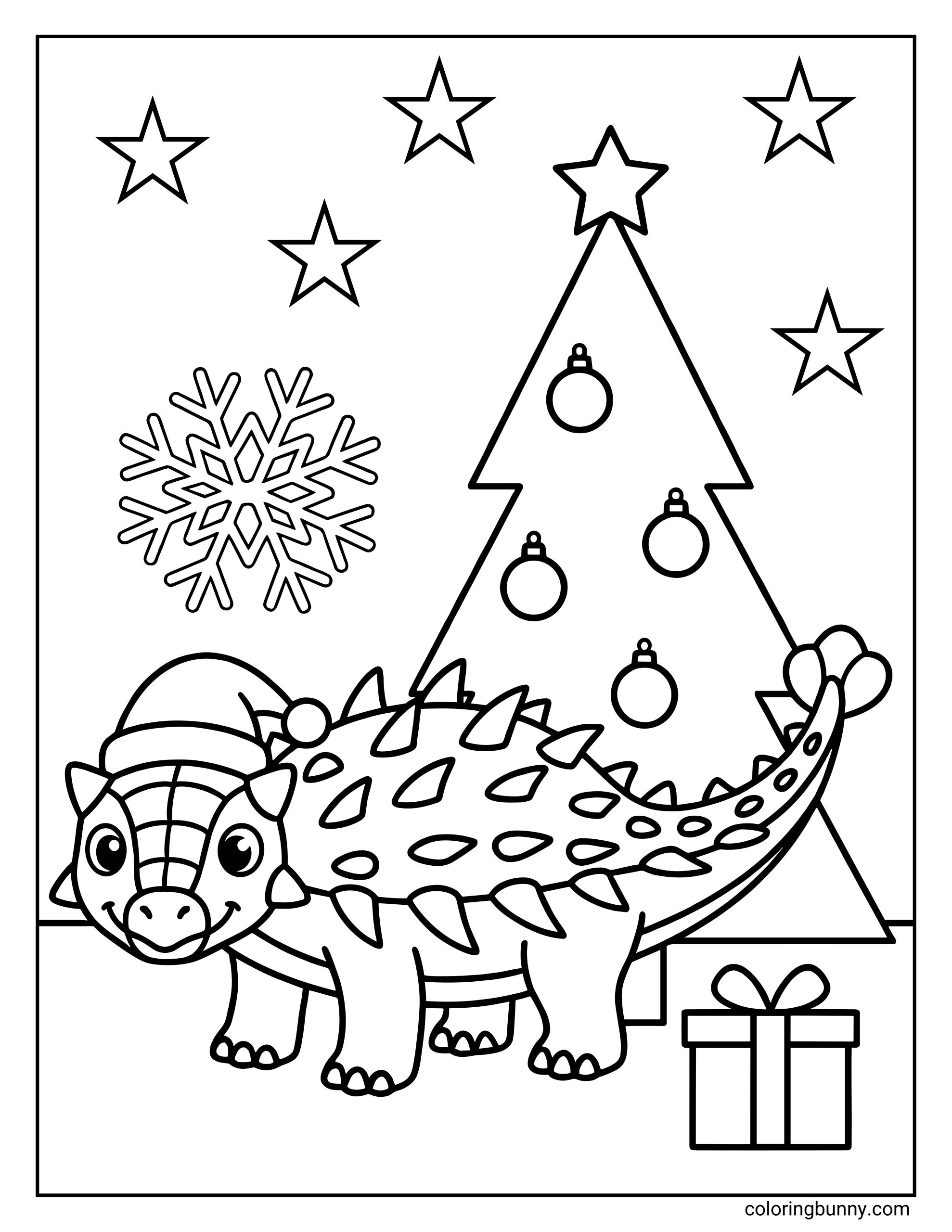 A simple dinosaur Christmas coloring page where a cute Ankylosaurus wearing a Santa hat stands beside a decorated Christmas tree, surrounded by stars, a snowflake, and a present.