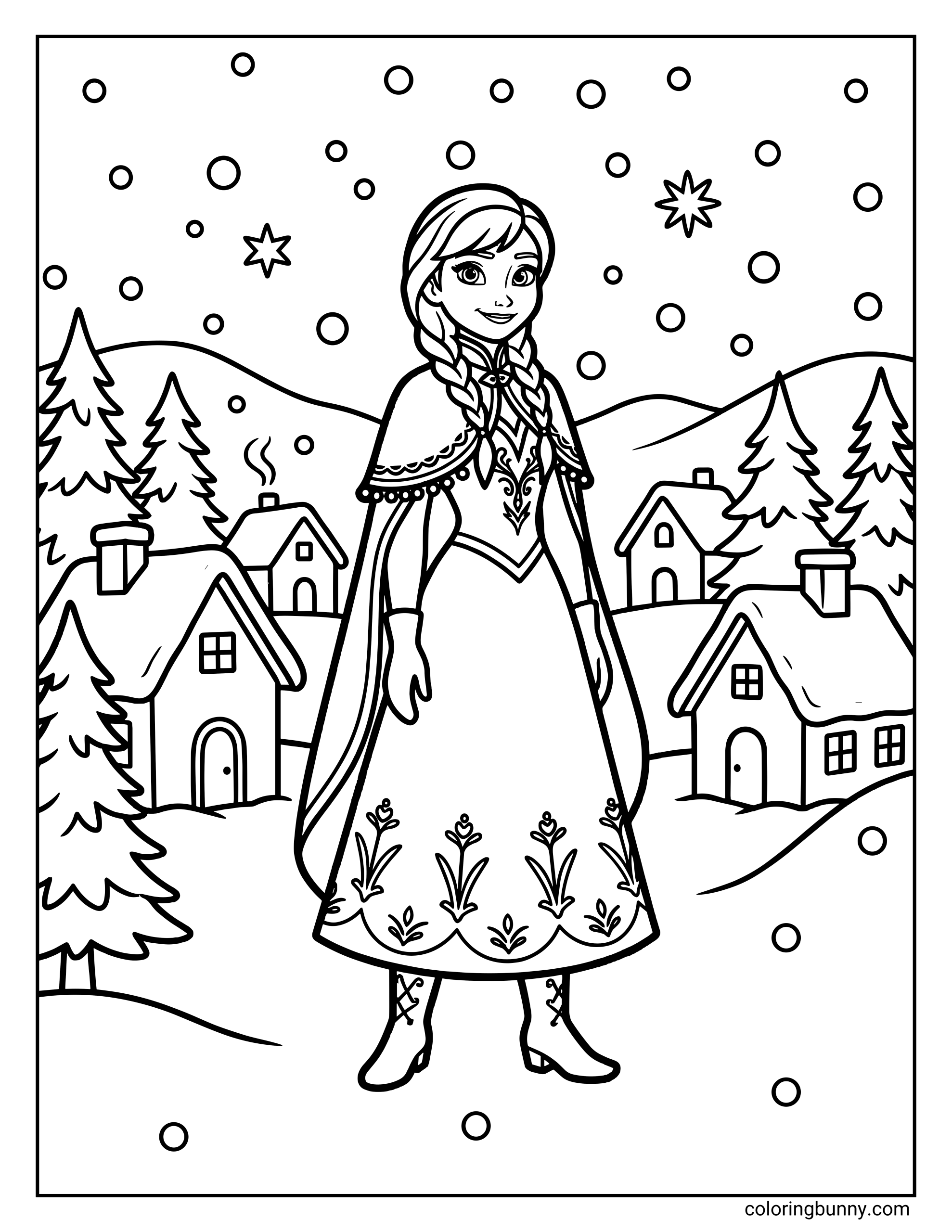 A Frozen Disney Christmas coloring page of Anna standing in a snowy village, wearing her winter dress with braided hair, a flowing cape, and lace-up boots, surrounded by cozy houses, pine trees, falling snow, and stars in the night sky.