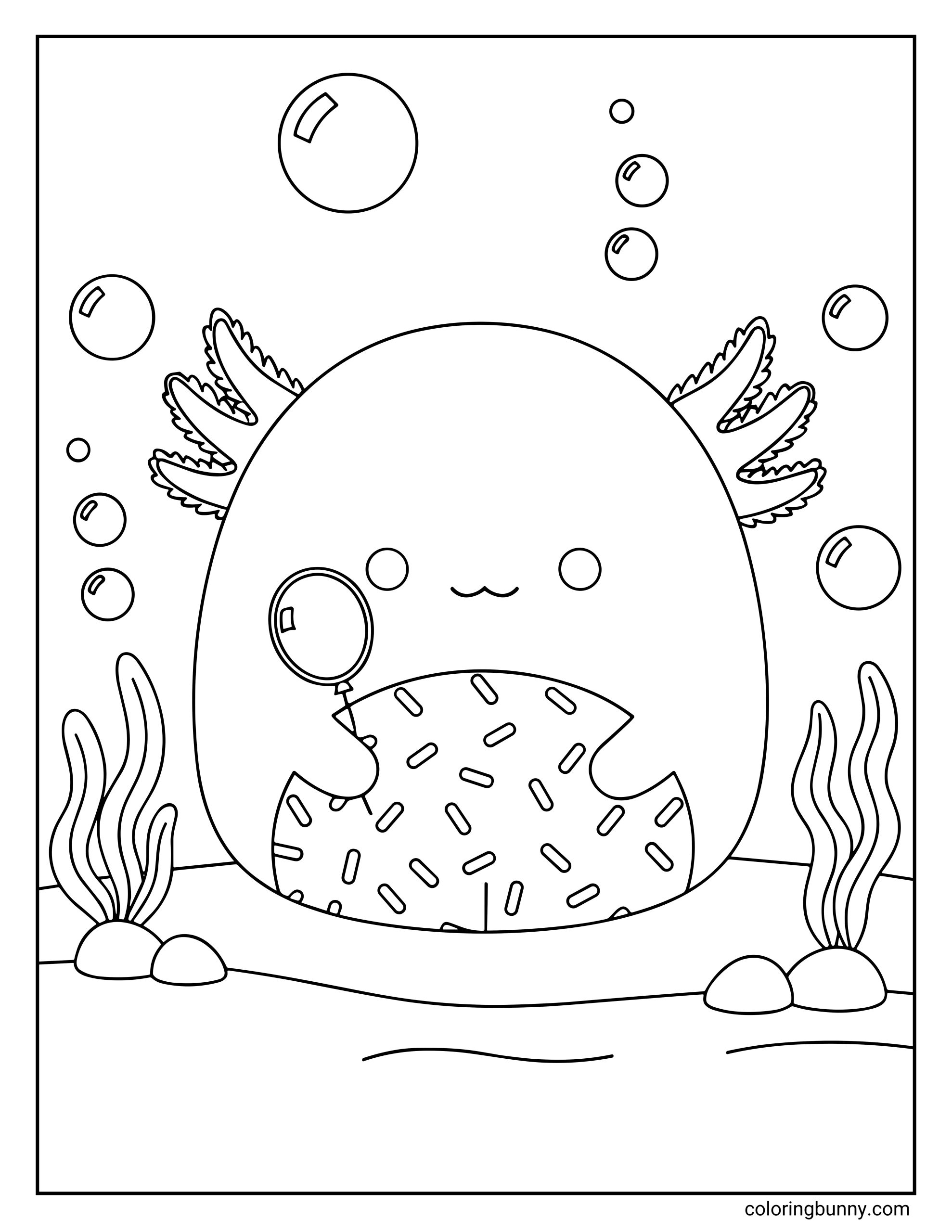 A Squishmallow coloring page of Archie the Axolotl sitting underwater, holding a popsicle. Archie has frilly axolotl gills on each side of his head, a rounded plush body, and is surrounded by bubbles, sea plants, and small rocks on the ocean floor, creating a playful underwater scene.
