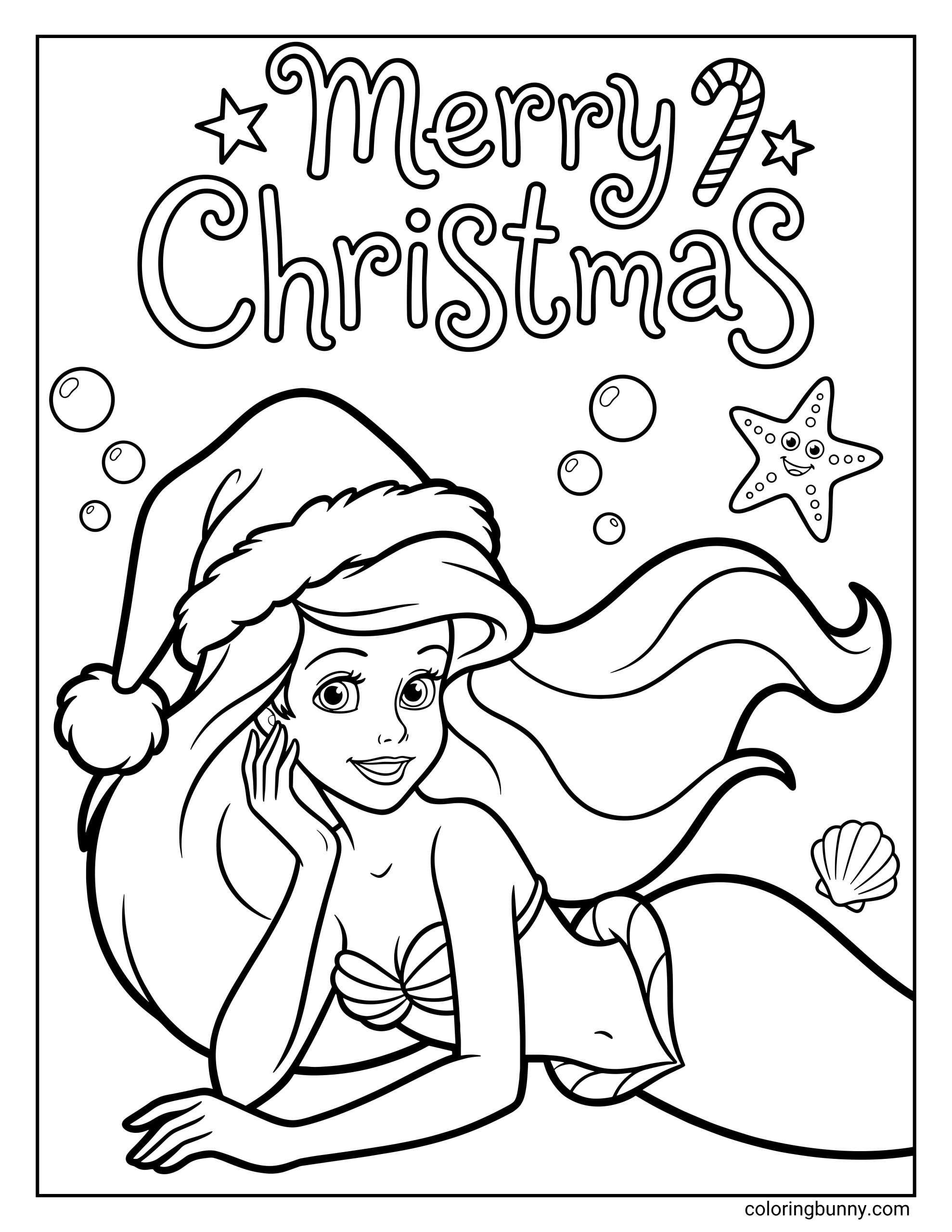 A Disney Christmas coloring page of Ariel smiling underwater, wearing a Santa hat and her seashell top, with her long hair flowing around her, surrounded by bubbles, a starfish, seashells, and the words “Merry Christmas” written above with a candy cane and stars.