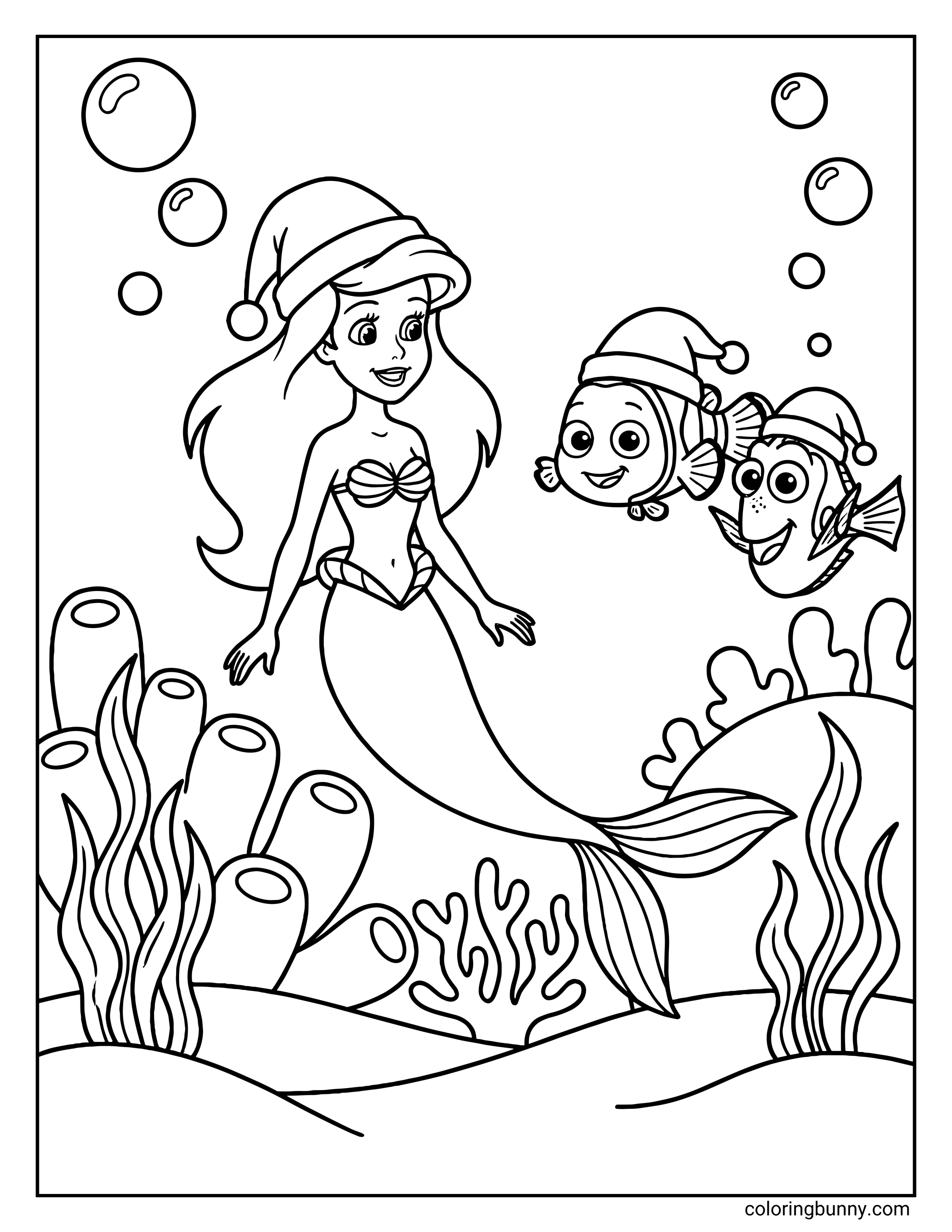 A festive underwater Disney Christmas coloring page featuring Ariel wearing a Santa hat, swimming beneath the sea with Nemo and Dory also dressed in Santa hats, surrounded by bubbles, coral, sea plants, and ocean scenery.