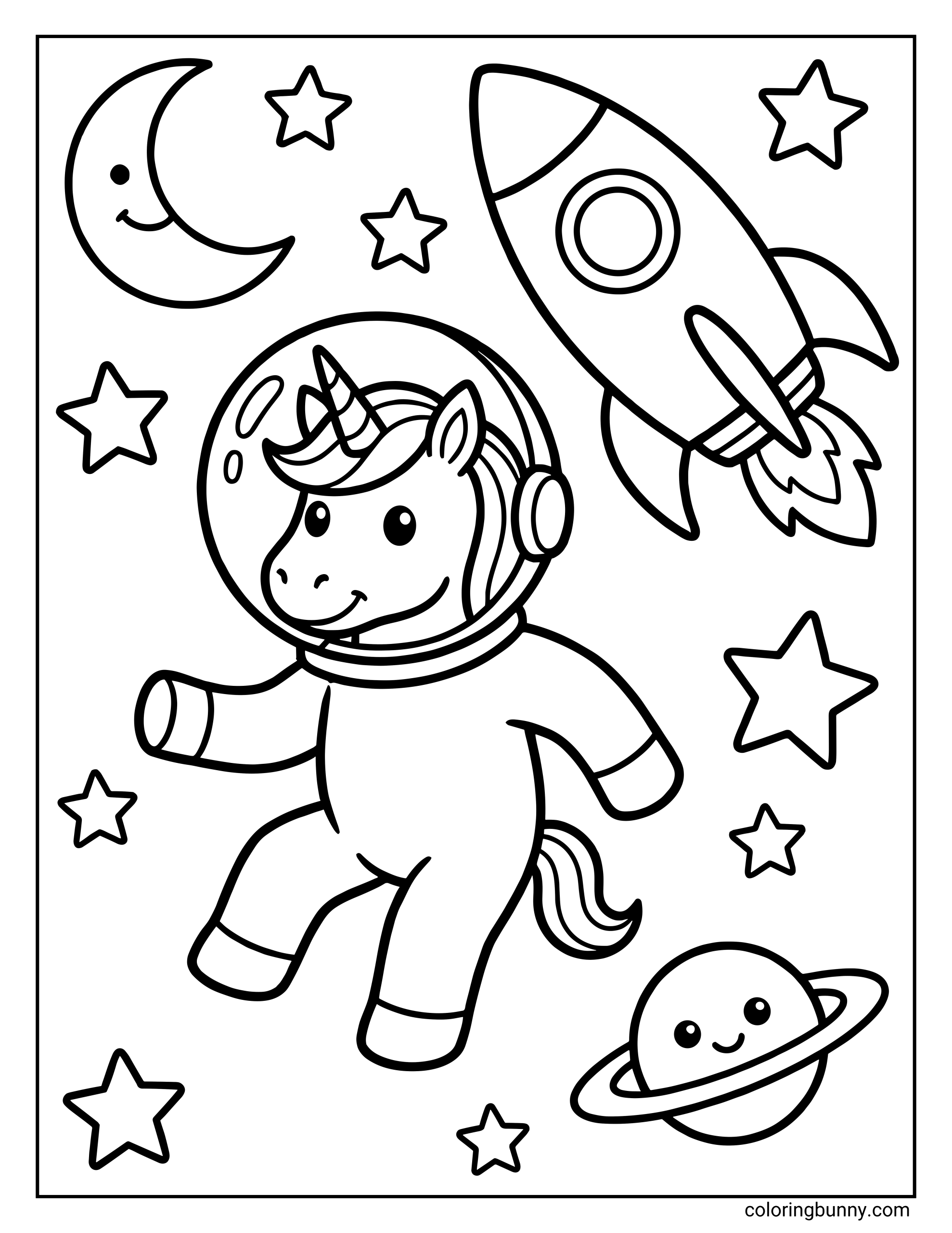 A unicorn astronaut coloring page, where the unicorn is floating in outer space, wearing a round space helmet and suit, surrounded by stars, a smiling crescent moon, a ringed planet, and a rocket ship blasting off nearby.