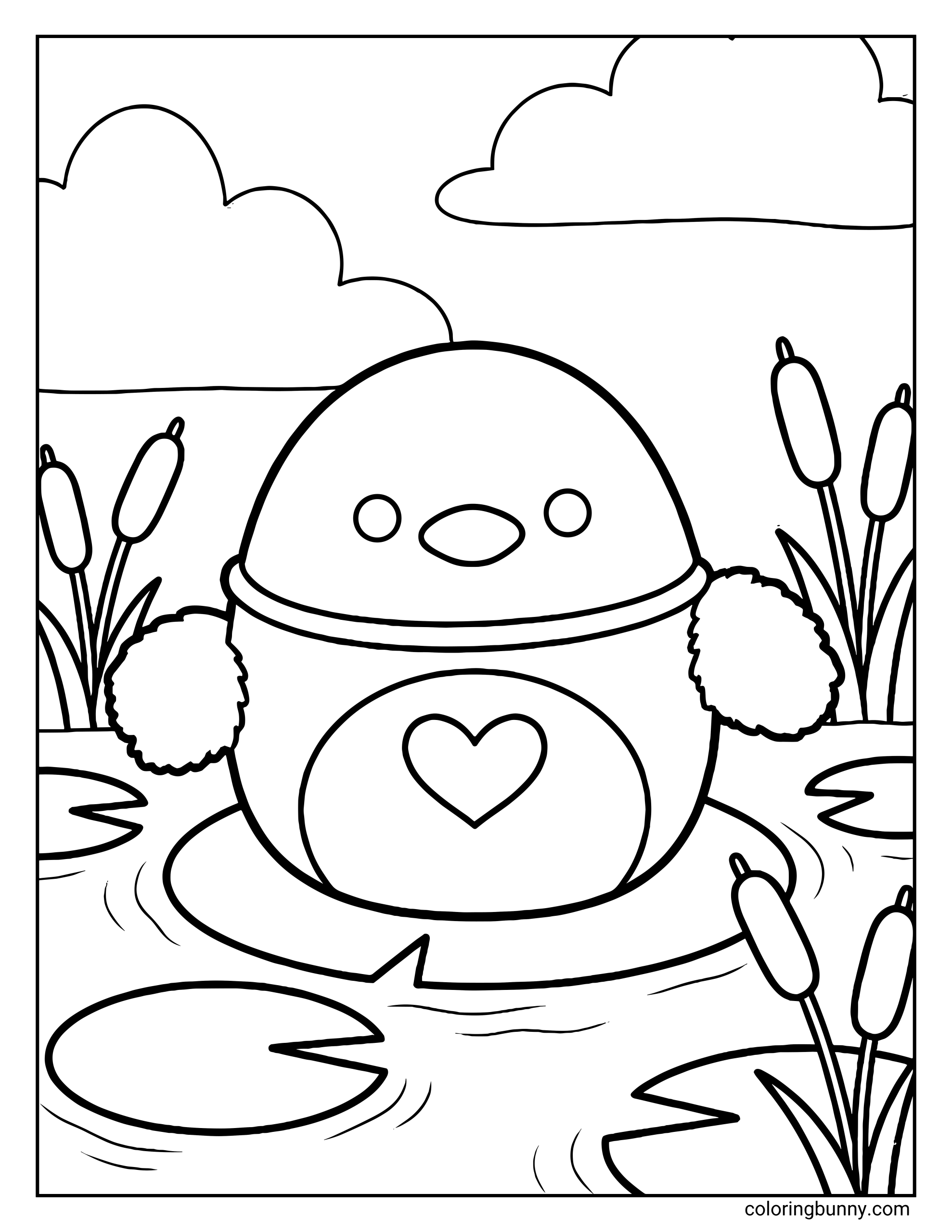 A Squishmallow coloring page of Avery the Duck sitting on a lily pad in a calm pond, with a round plush body, small beak, fluffy earmuff-like sides, and a heart shape on the belly, surrounded by cattails, rippling water, and soft clouds overhead.