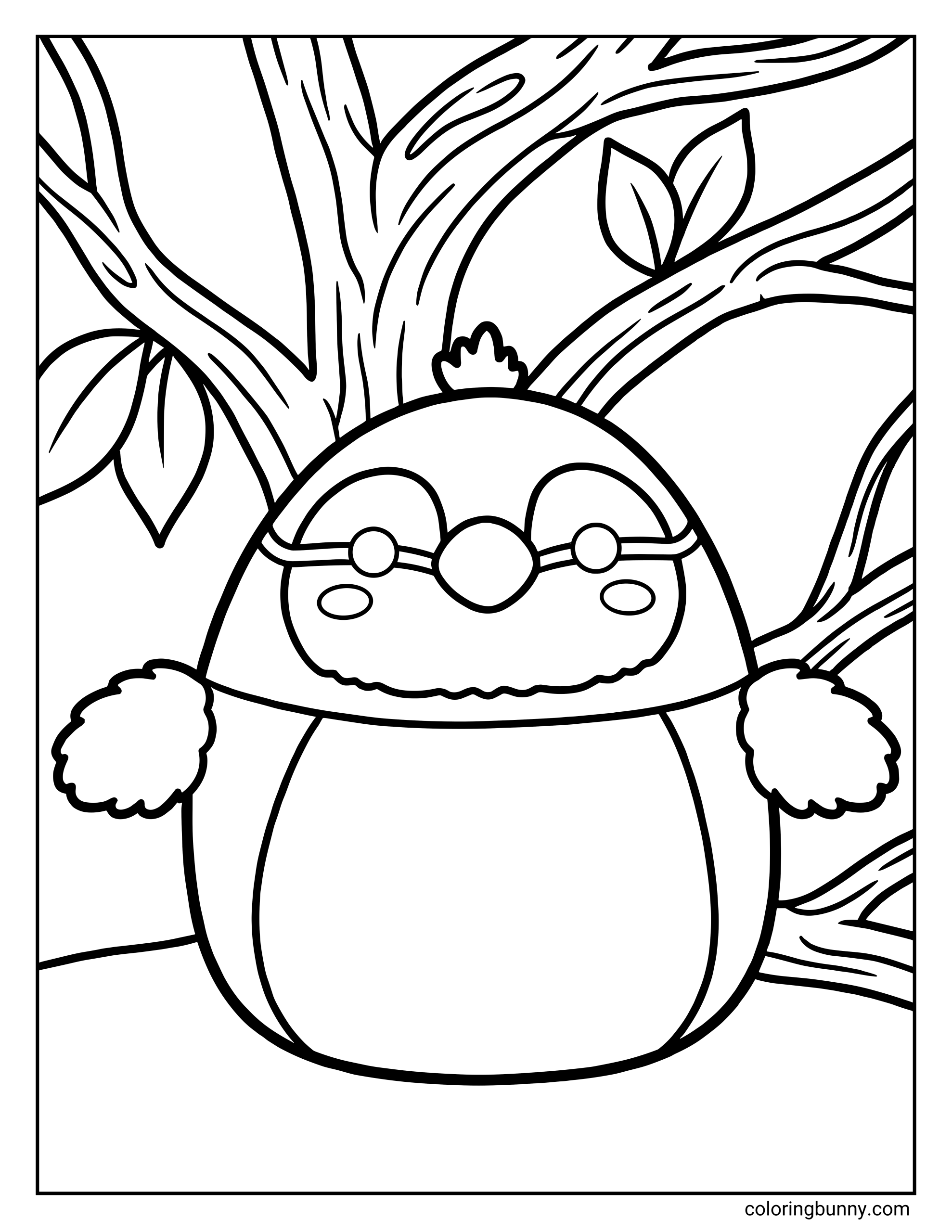 A Squishmallow coloring page of Babs the Blue Jay, shown as a round, plush bird character with a small beak, soft cheek dots, and fluffy wings held out to the sides. Babs is standing in front of tree branches with leaves, creating a calm woodland setting that gives the page a cozy, nature-inspired feel.