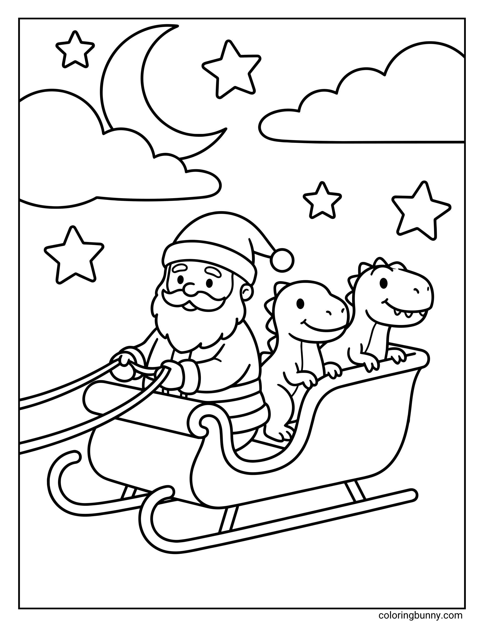 A simple Christmas coloring page where Santa rides in a sleigh with two happy baby dinosaurs under a night sky with stars, clouds, and a crescent moon.