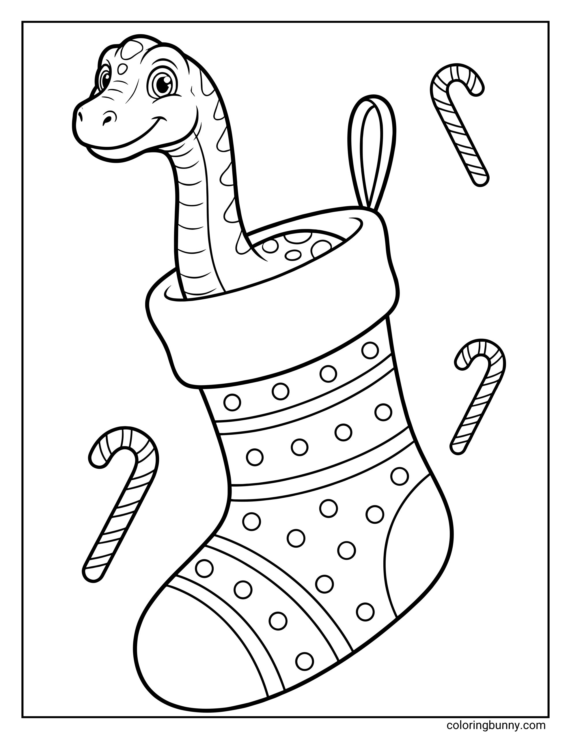 A simple dinosaur Christmas coloring page where a happy baby dinosaur pops out of a decorated Christmas stocking with candy canes floating around.