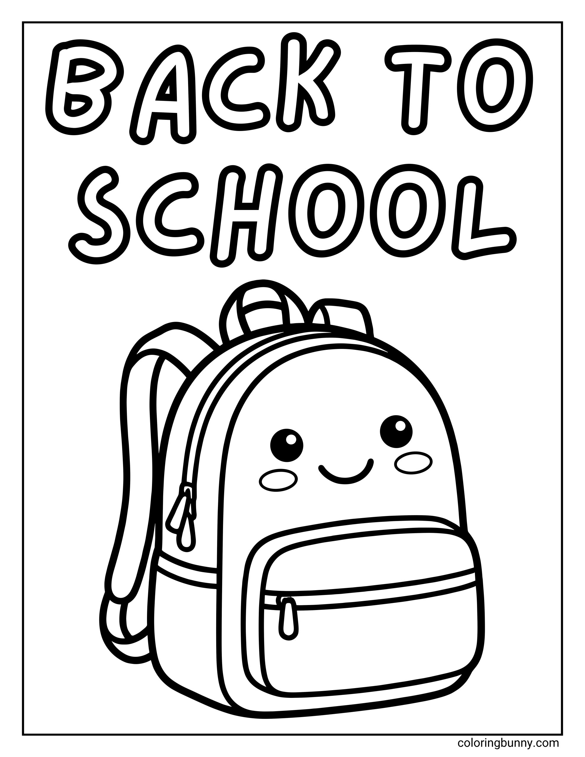 A back to school coloring page featuring the phrase “BACK TO SCHOOL” at the top. Below, a cute smiling backpack with simple rounded details is centered on the page.