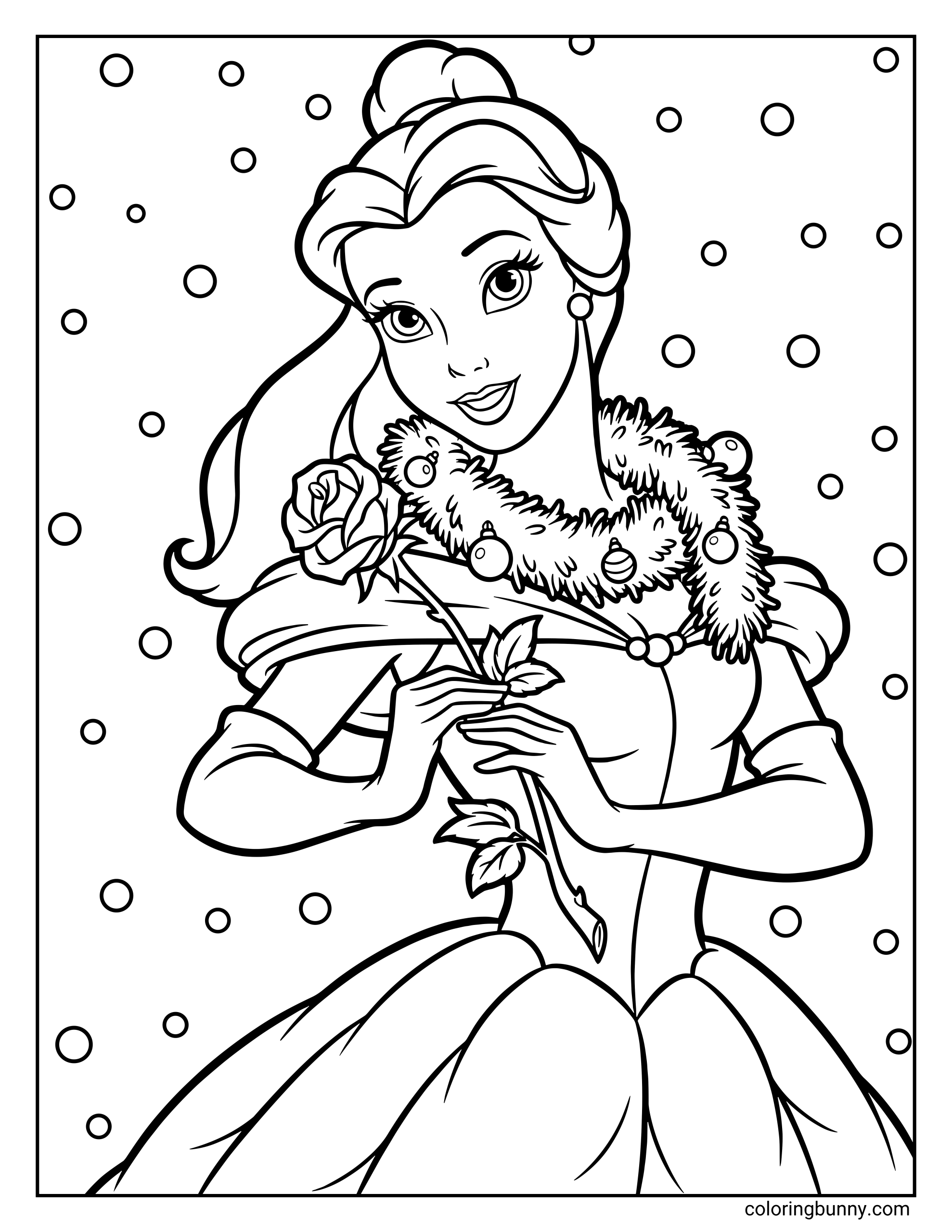 A Disney Princess Christmas coloring page of Belle smiling softly while holding a rose, wearing an elegant winter gown with a fluffy fur collar decorated with ornaments, her hair styled back, with falling snow all around.