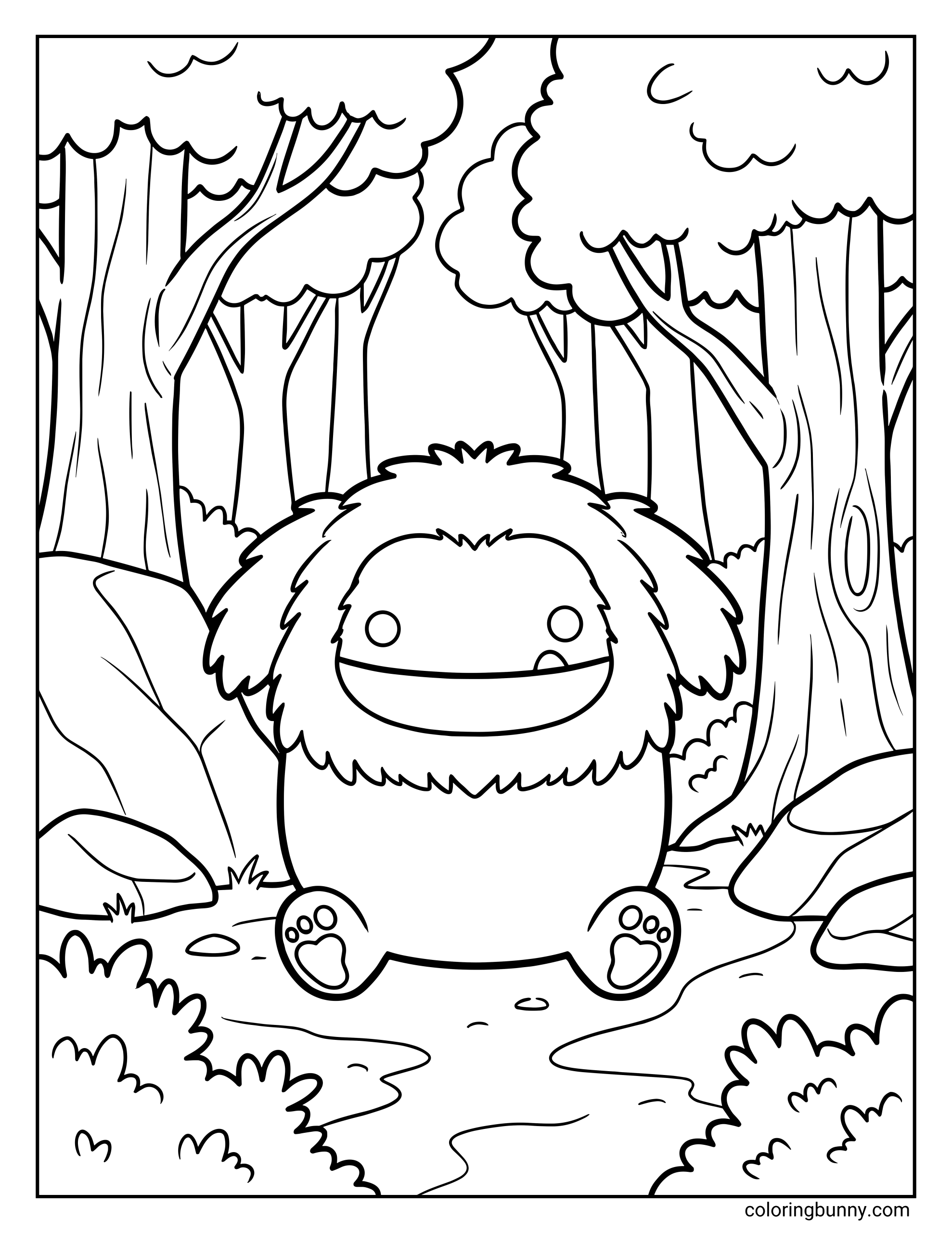 A Squishmallow coloring page of Benny the Bigfoot sitting happily on a forest path, with his fluffy fur, rounded body, and oversized feet facing forward. He is surrounded by tall trees, bushes, and rocks, creating a cozy woodland setting that feels playful and adventurous.