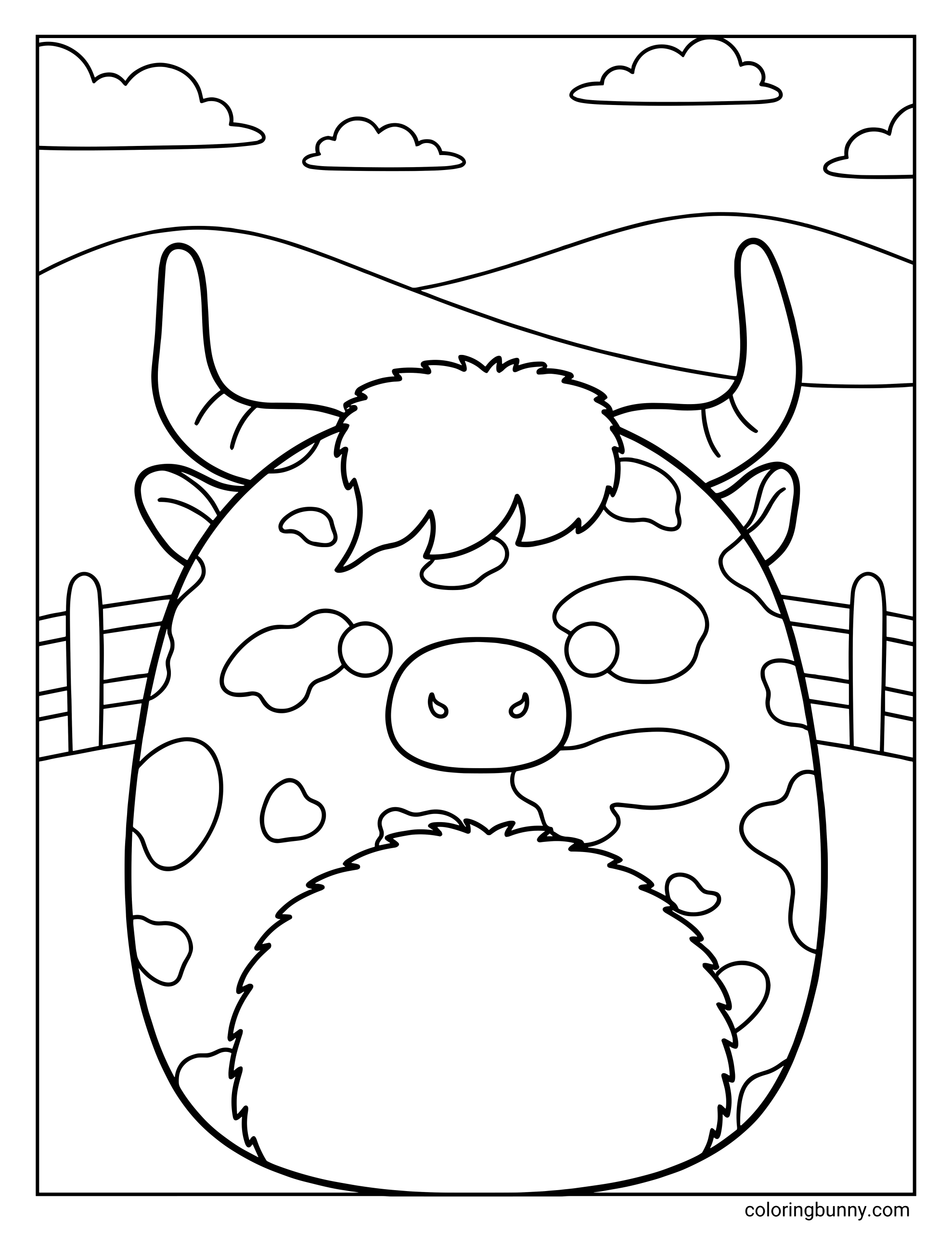 A Squishmallow coloring page of Borsa the Highland cow standing in a countryside field, with long curved horns, fluffy bangs covering part of her face, shaggy fur details on her head and belly, and distinctive cow patches across her round body, with rolling hills, a wooden fence, and clouds in the background.