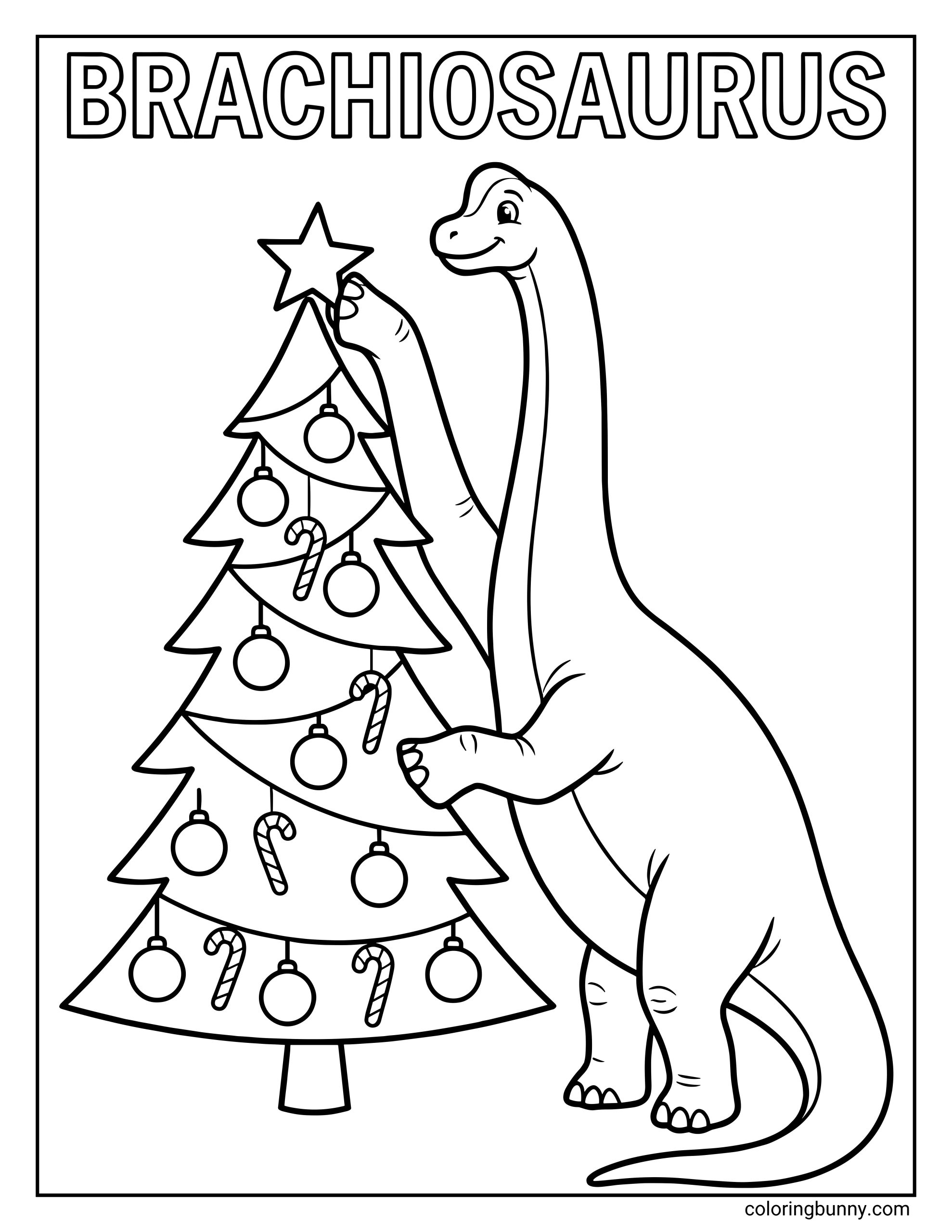 A simple Brachiosaurus dinosaur Christmas coloring page where a friendly Brachiosaurus reaches up to place a star on top of a decorated Christmas tree. The word 'BRACHIOSAURUS' appears above.