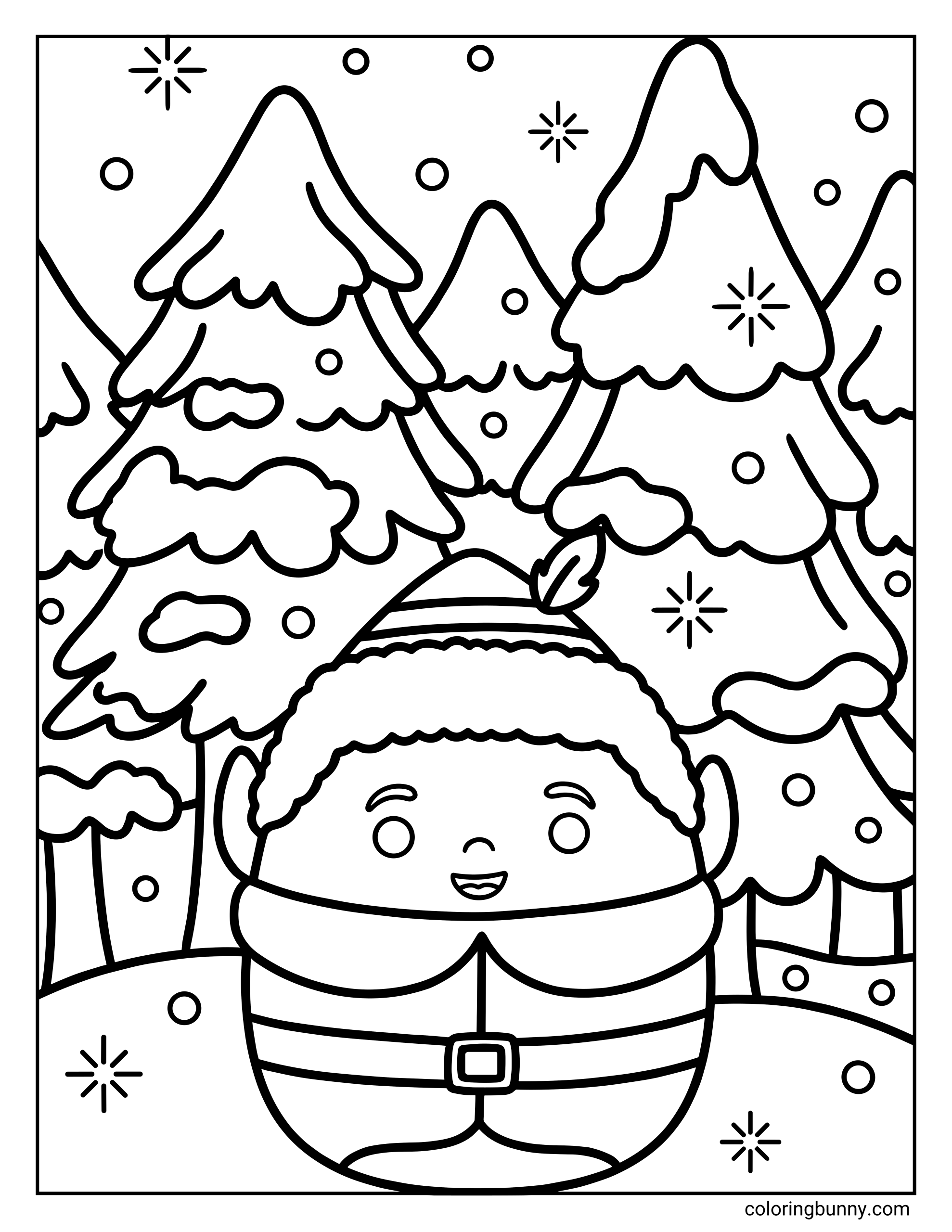 A Squishmallow coloring page of Buddy the Elf wearing a festive elf outfit with a pointed hat, fluffy trim, and belt buckle, standing in a snowy forest filled with snow-covered pine trees, falling snowflakes, and twinkling winter details.