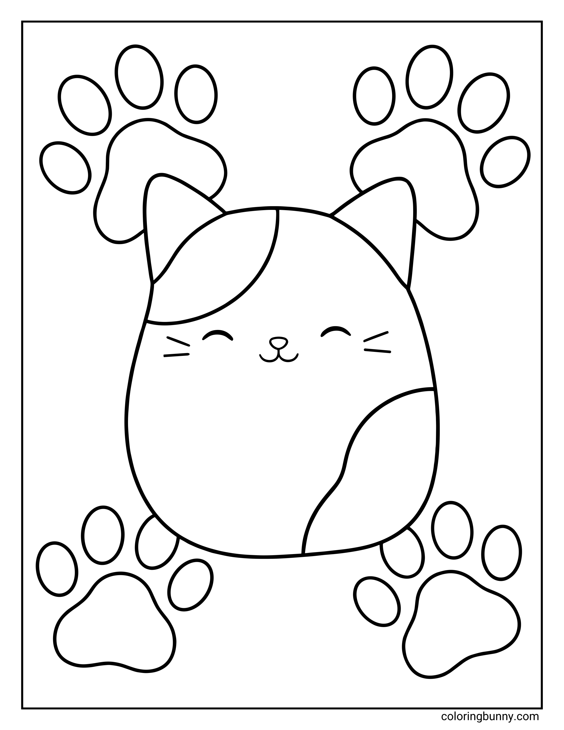 A simple Squishmallows coloring page of Cam the Cat, shown as a round, smiling cat with pointy ears, closed happy eyes, and simple whisker lines on the face. The design is surrounded by large paw prints in the background.