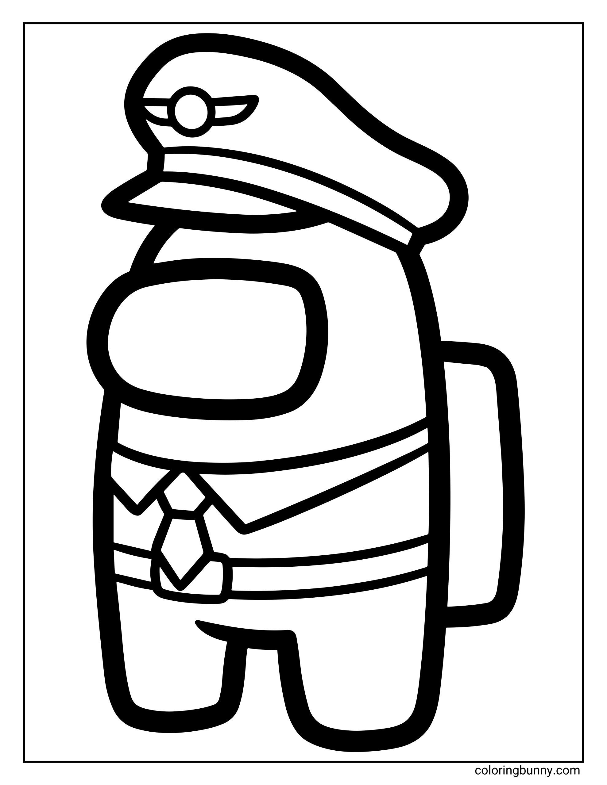 An Among Us captain crewmate coloring page showing a single crewmate wearing a captain’s hat with an emblem, a belt with a buckle, a shirt and tie, and a backpack.