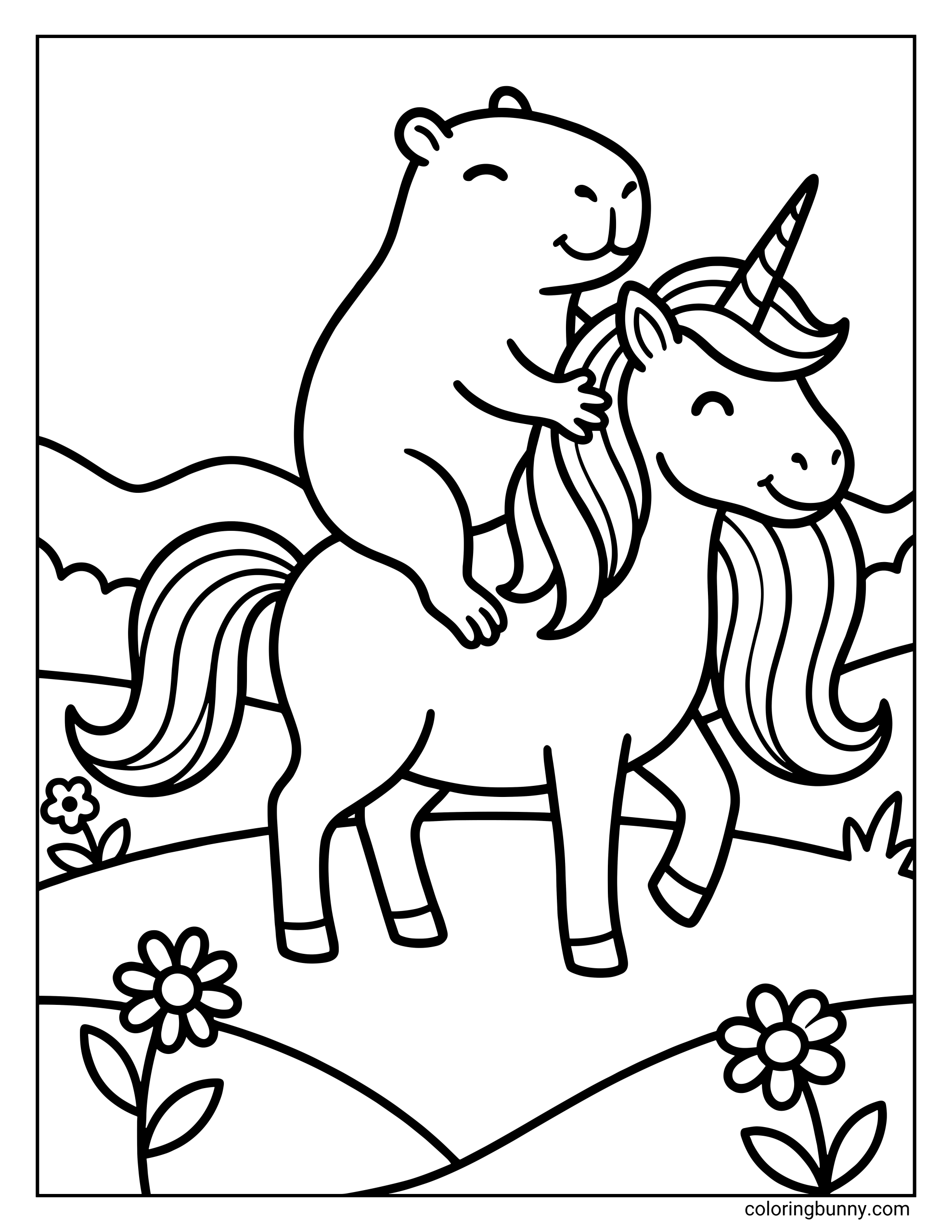 A unicorn coloring page showing a happy unicorn walking through a meadow while a smiling capybara rides on its back. The unicorn has a small spiraled horn, flowing mane and tail, and lifted hooves mid-step, while the capybara sits comfortably, holding onto the unicorn’s mane. Rolling hills, flowers, and soft landscape details fill the background.