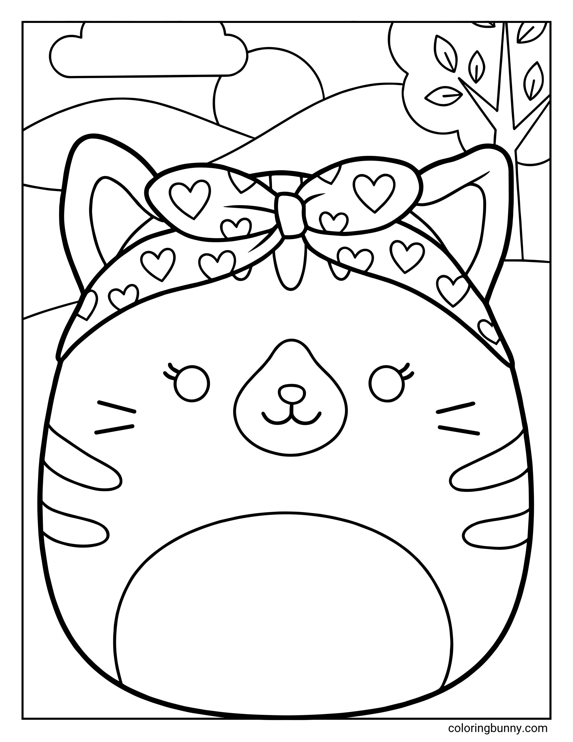 A cat Squishmallow coloring page featuring Carizma the Cat with rounded ears, soft whisker markings, a small heart-patterned headband tied in a bow, and a gentle smiling face, set against a simple outdoor scene with hills, trees, and clouds.