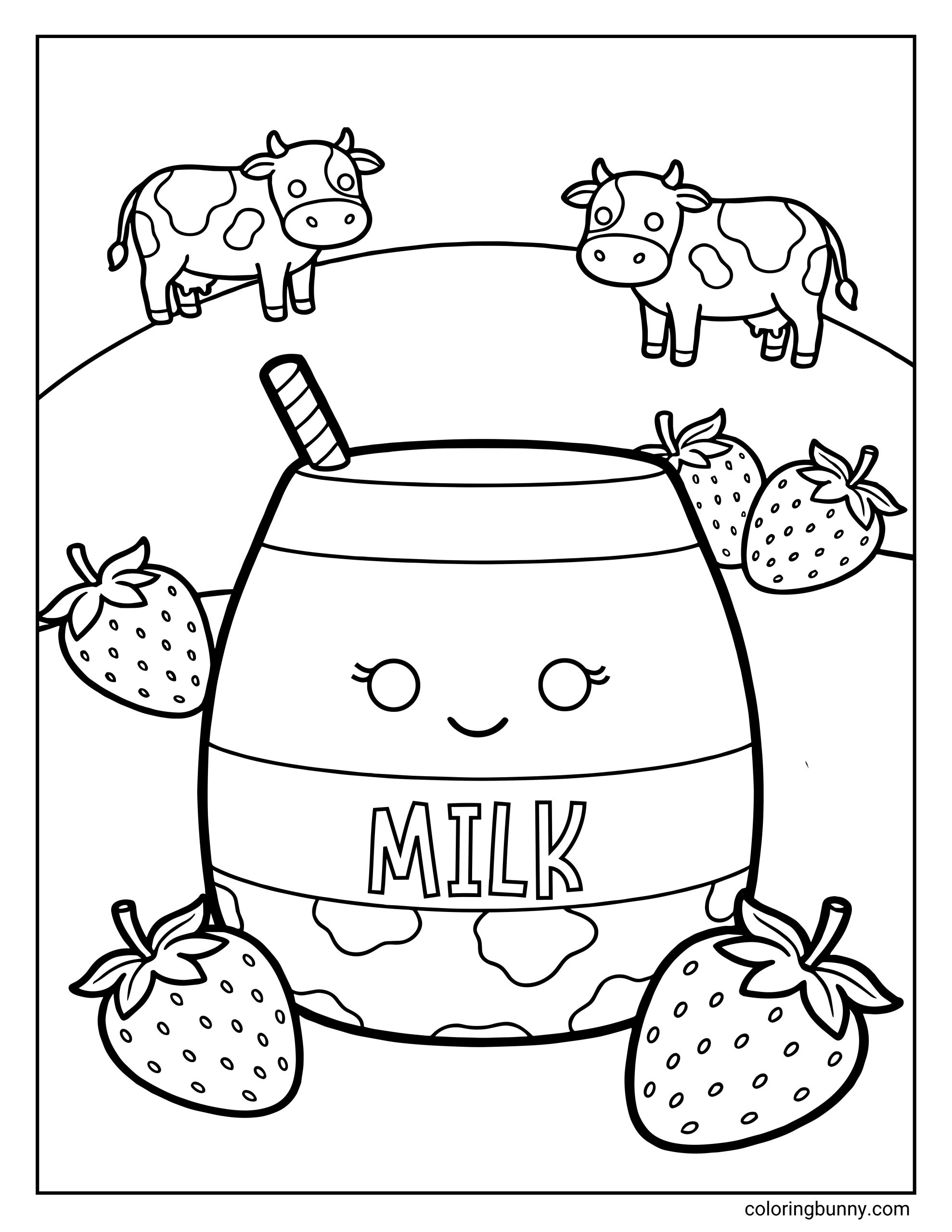 A Squishmallow coloring page of Carlota the Strawberry Milk, shown as a smiling milk bottle character with the word βMILKβ printed on the front and a striped straw poking out from the top. She is surrounded by large strawberries, with two cows standing on rolling hills in the background, creating a playful farm scene.