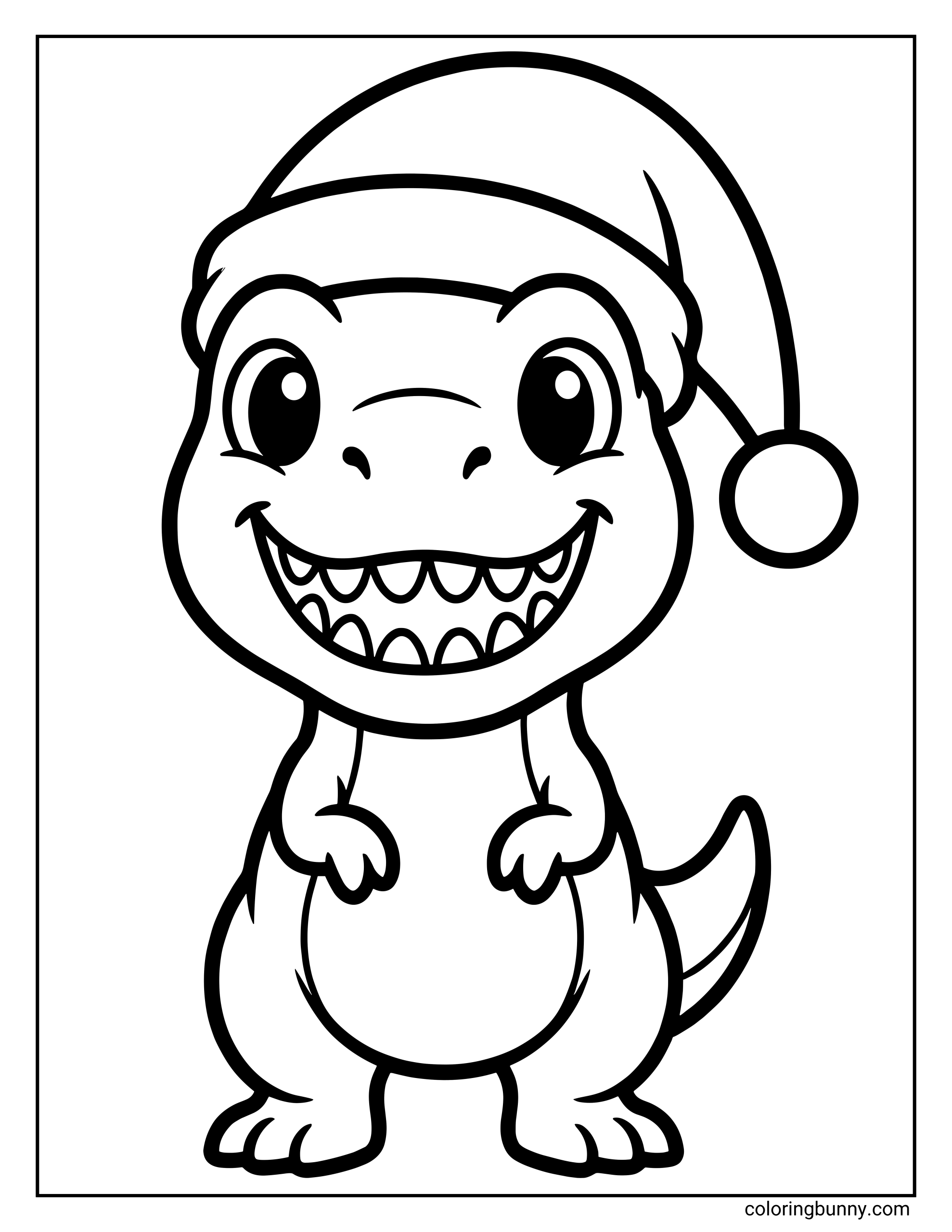 A simple Christmas coloring page where a chibi-style T-Rex with a big smile wears a Santa hat.