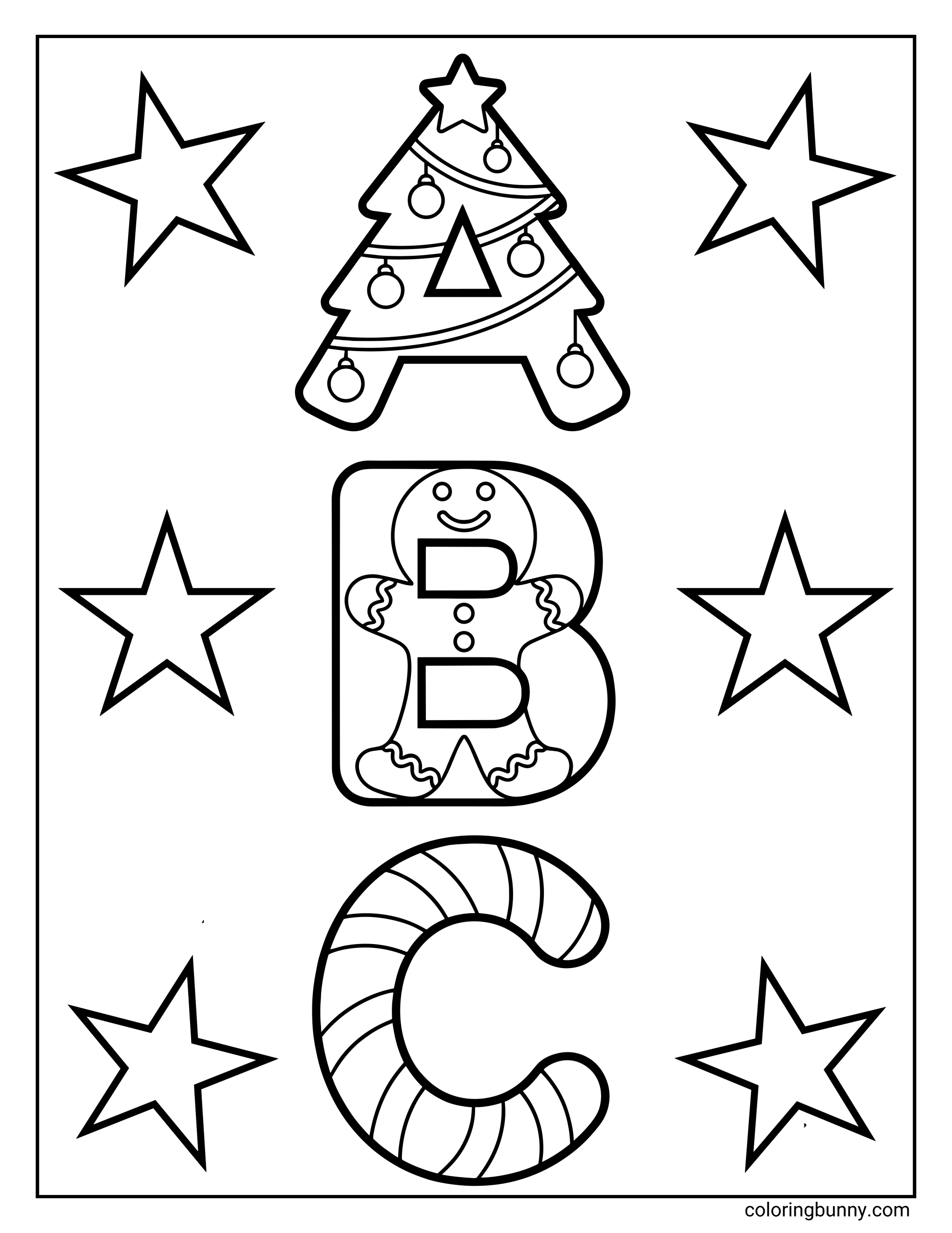 A Christmas-themed ABC coloring page featuring the letters A, B, and C decorated as festive holiday designs, including a Christmas tree letter A, a gingerbread character letter B, and a candy cane–style letter C, surrounded by stars.