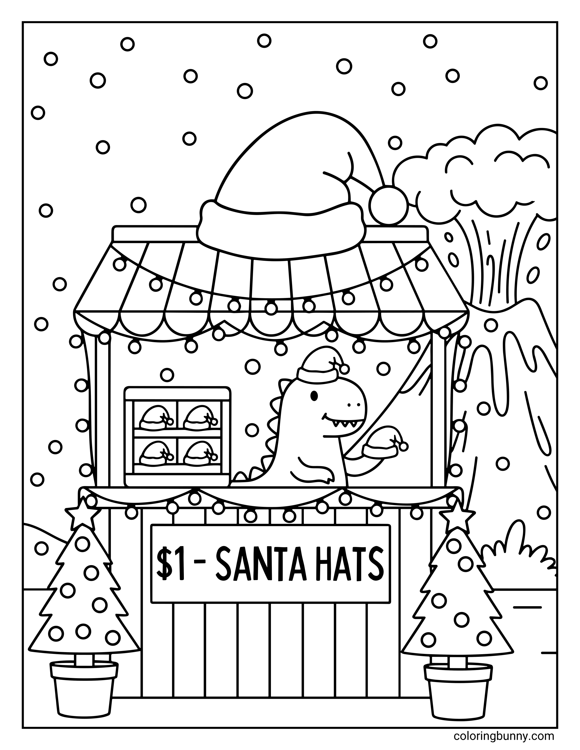 A simple Christmas coloring page where a cute dinosaur sells $1 Santa hats from a decorated holiday stall, with snow falling, Christmas trees, and a volcano in the background.